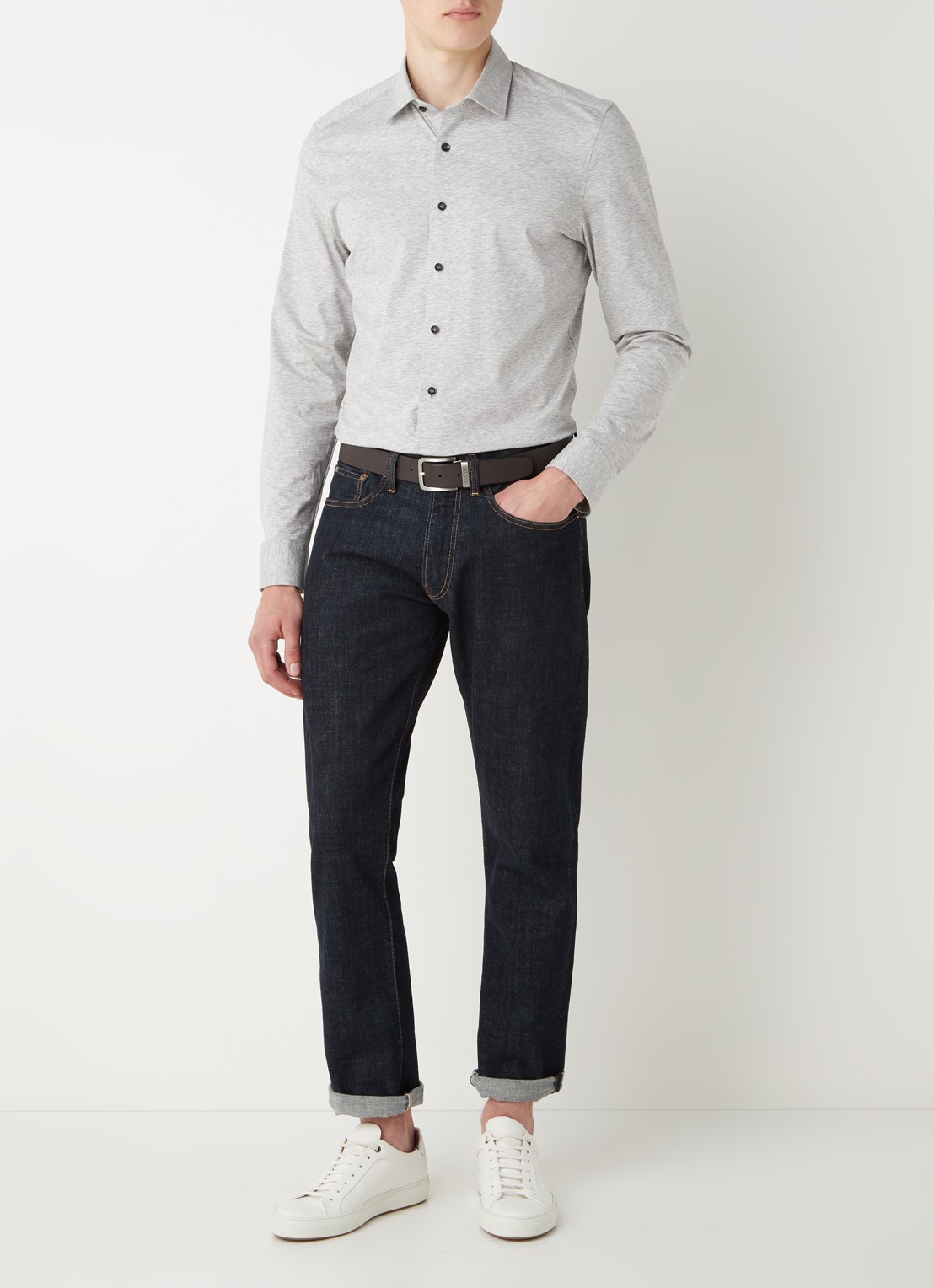 Olymp Luxor modern fit overhemd van jersey   - voorkant 3 grijs