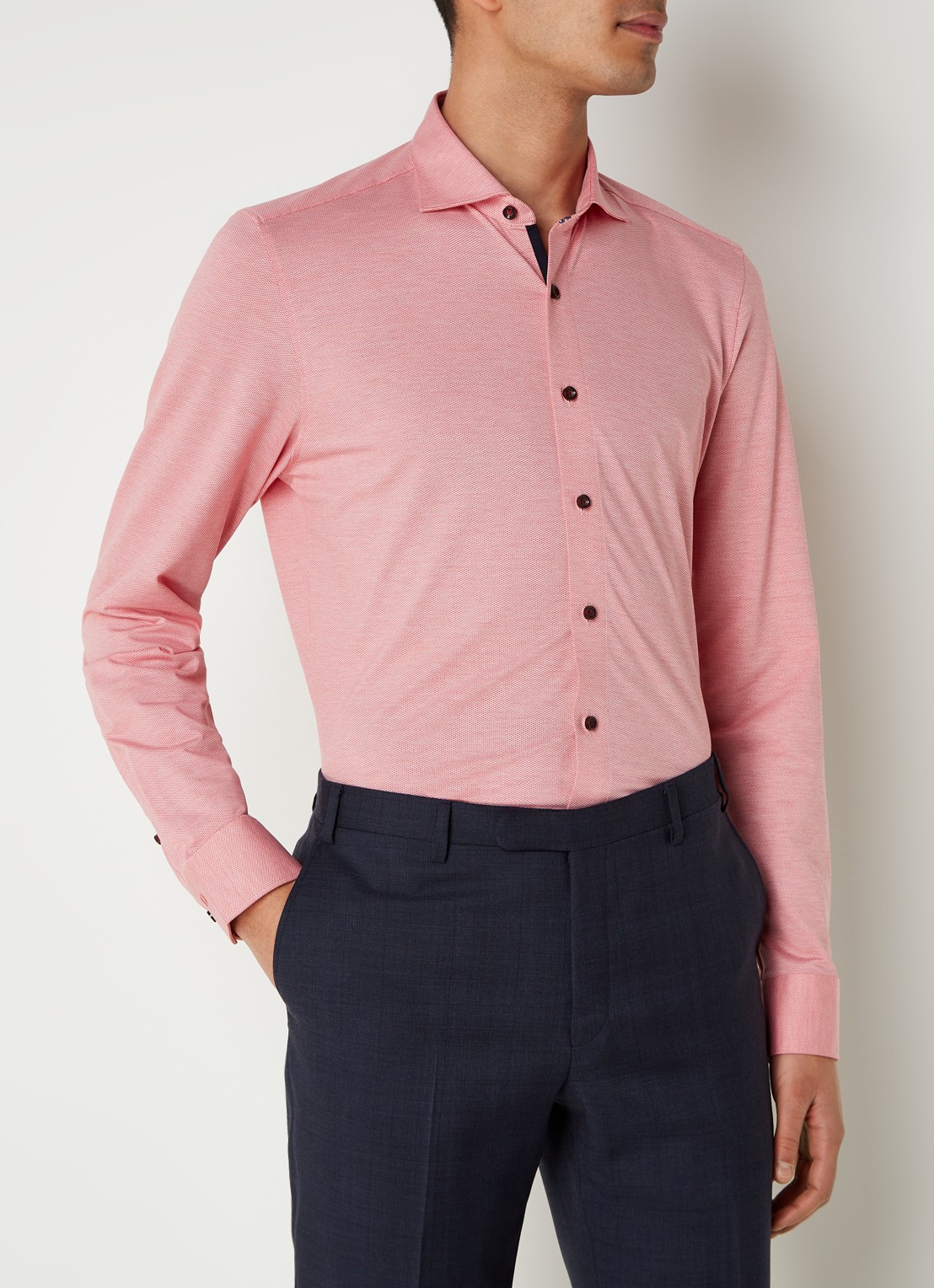 Olymp Luxor modern fit overhemd van jersey   - detail zalmroze
