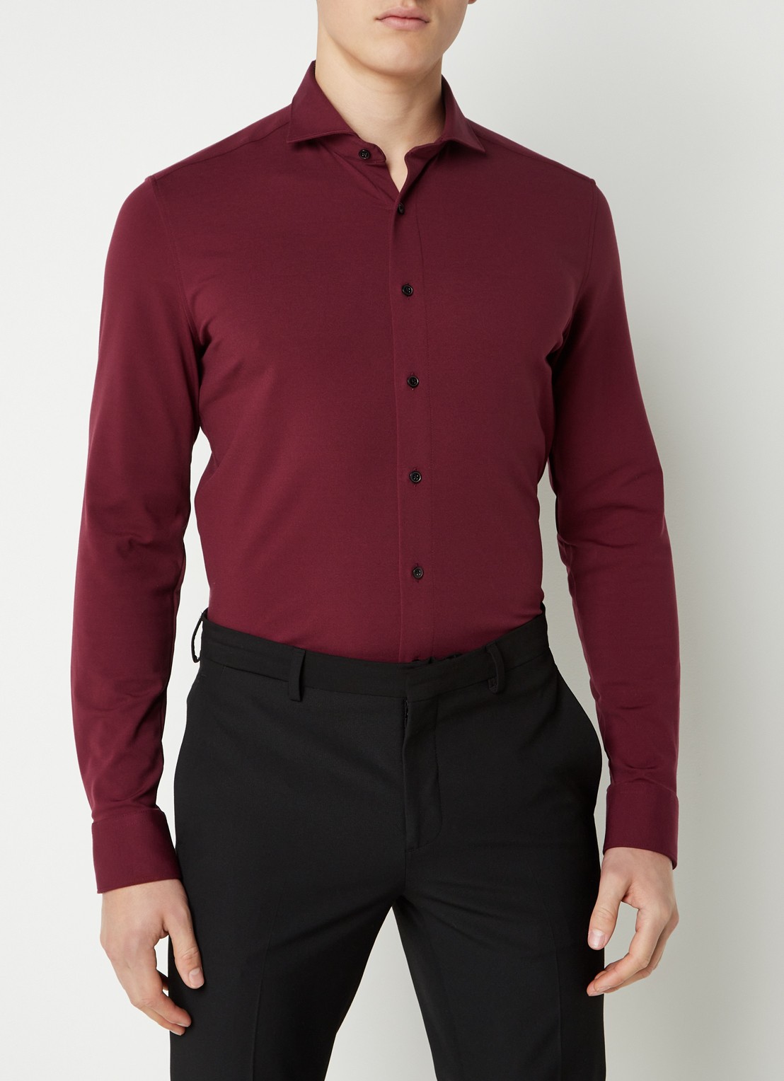 Olymp Luxor modern fit overhemd van jersey   - detail 4 bordeauxrood
