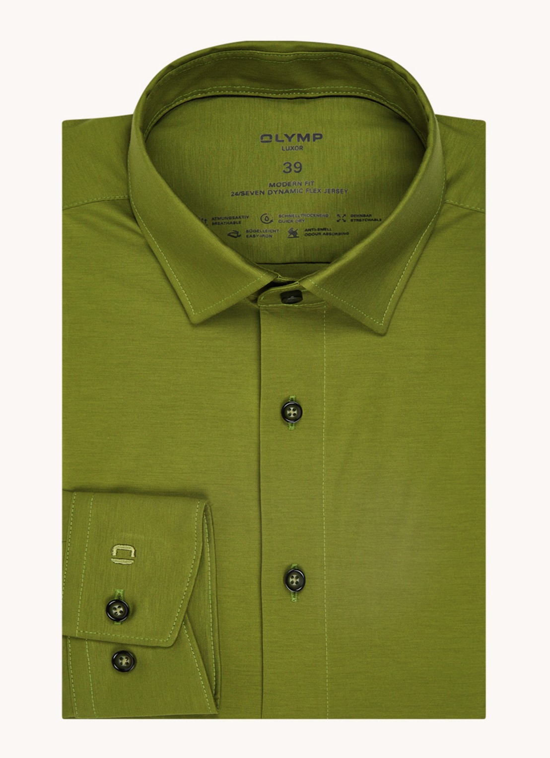 Olymp Luxor modern fit overhemd van jersey   - voorkant 4 legergroen