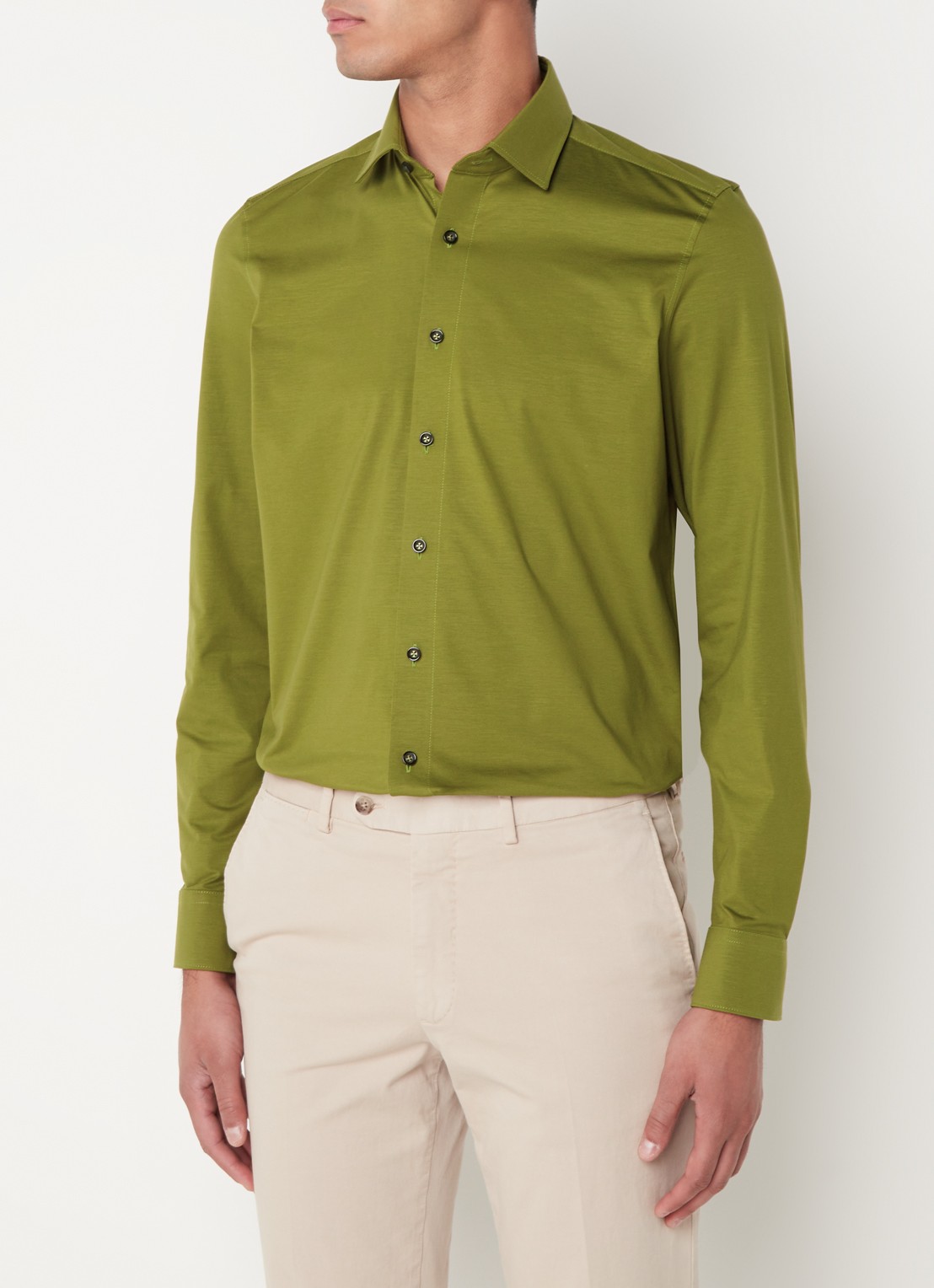Olymp Luxor modern fit overhemd van jersey   - detail legergroen
