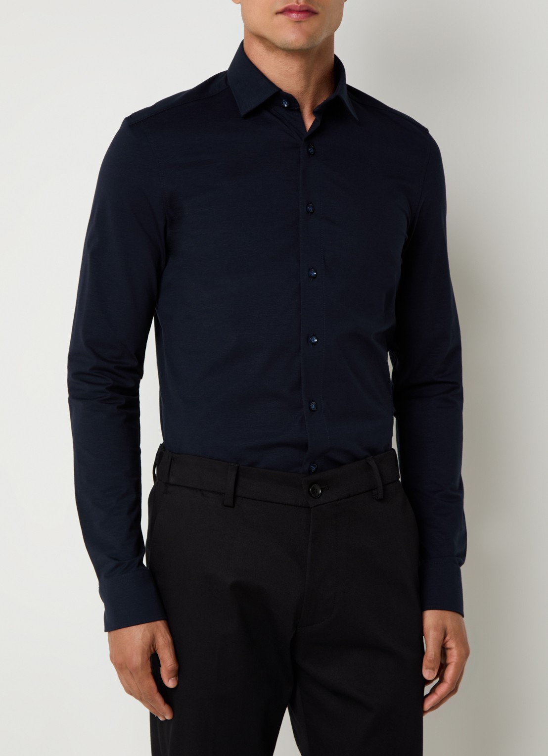 Olymp Luxor modern fit overhemd van jersey   - detail 5 donkerblauw