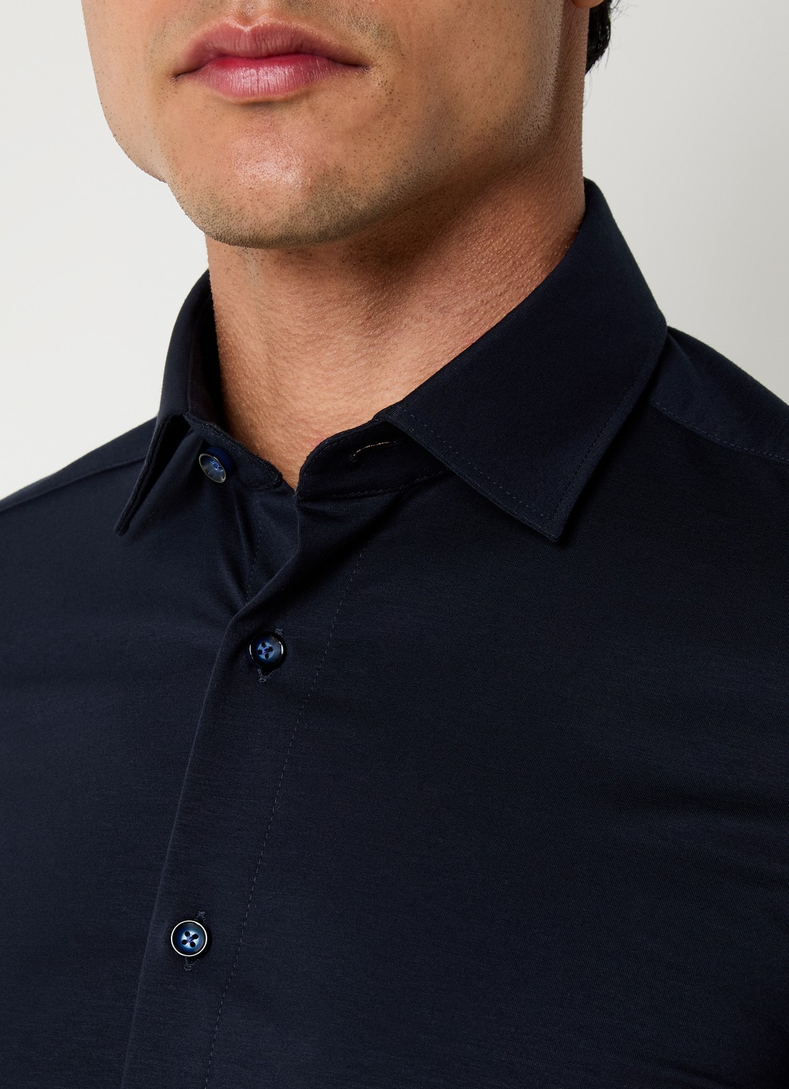 Olymp Luxor modern fit overhemd van jersey   - detail 6 donkerblauw