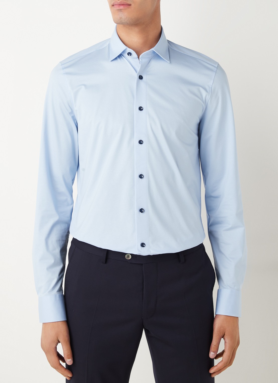 Olymp Luxor modern fit overhemd van jersey   - detail lichtblauw