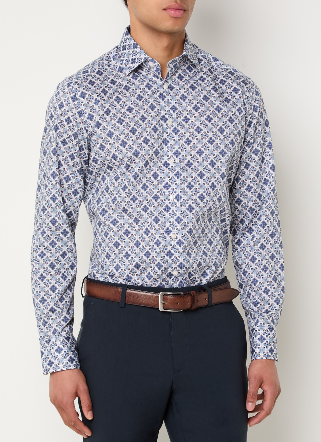 Olymp Luxor regular fit overhemd met bloemenprint - detail kobaltblauw