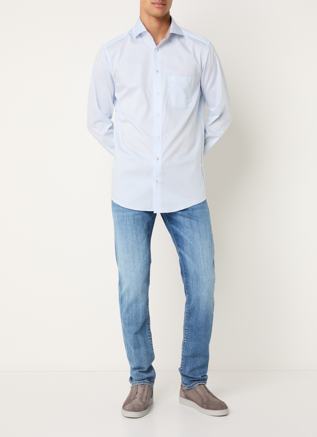 Olymp Luxor regular fit overhemd met microdessin - voorkant 4 lichtblauw