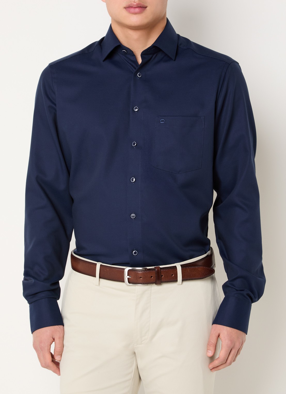 Olymp Luxor regular fit strijkvrij overhemd met microdessin - detail 4 donkerblauw