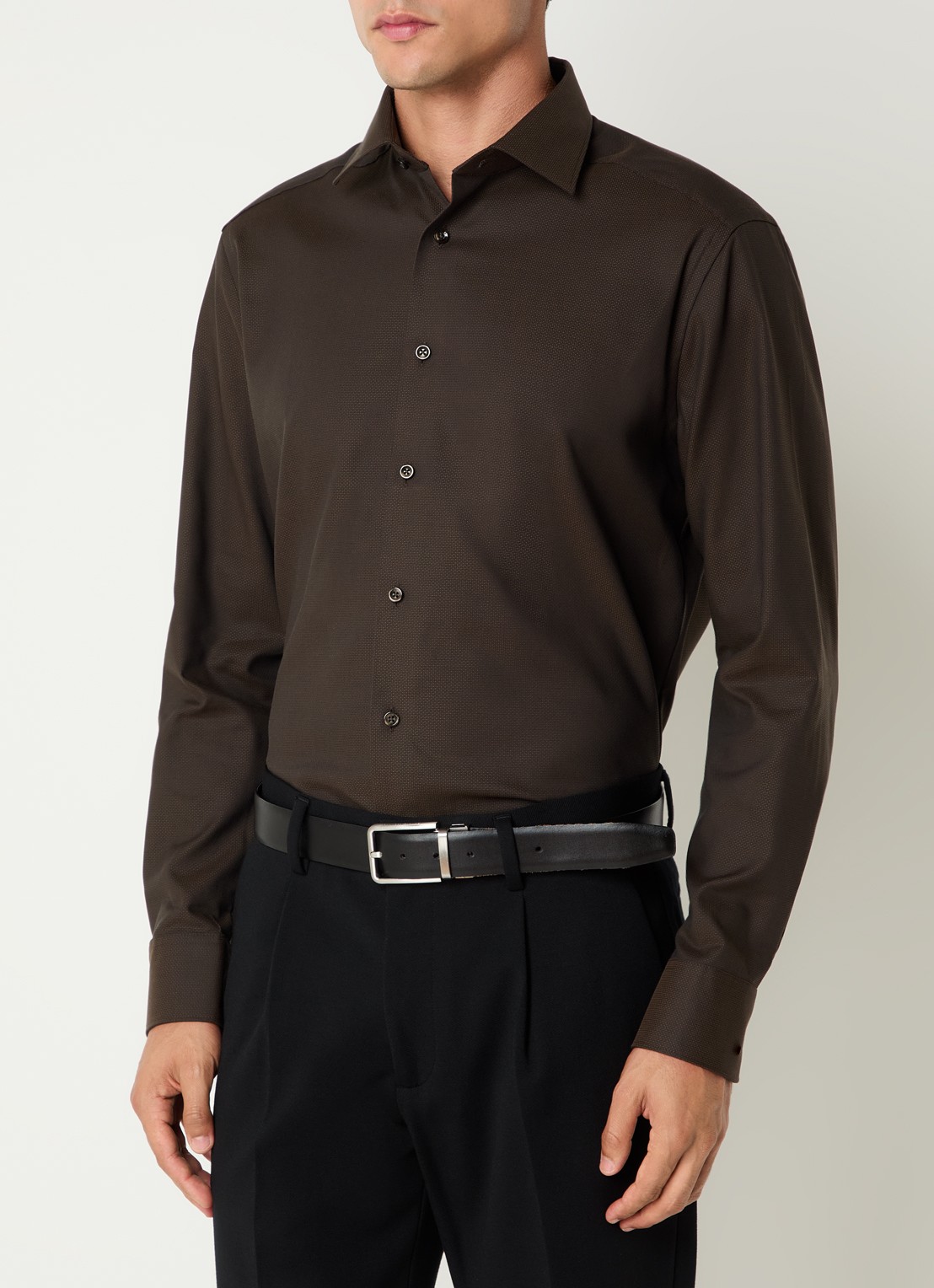 Olymp Luxor strijkvrij regular fit overhemd met stretch - detail 4 donkerbruin