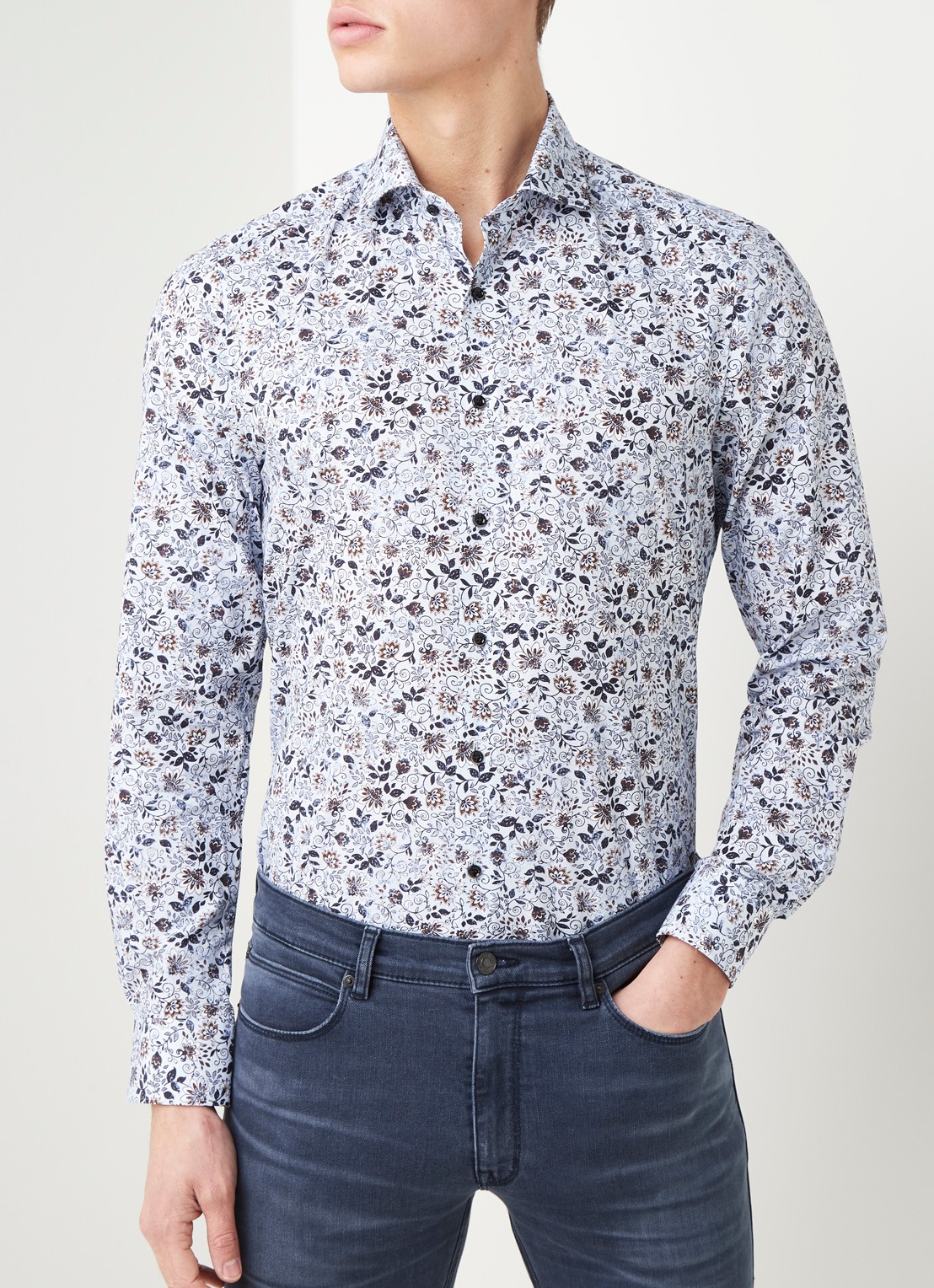 Olymp Slim fit overhemd met bloemenprint - detail 4 blauw
