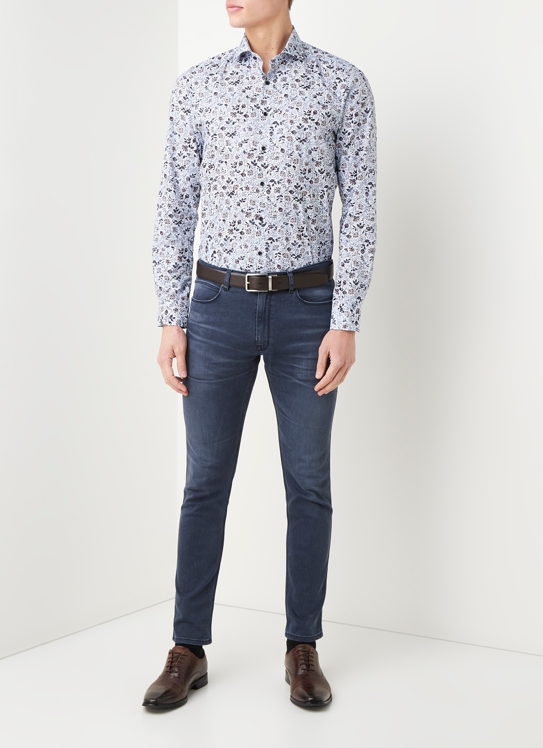 Olymp Slim fit overhemd met bloemenprint - voorkant 2 blauw