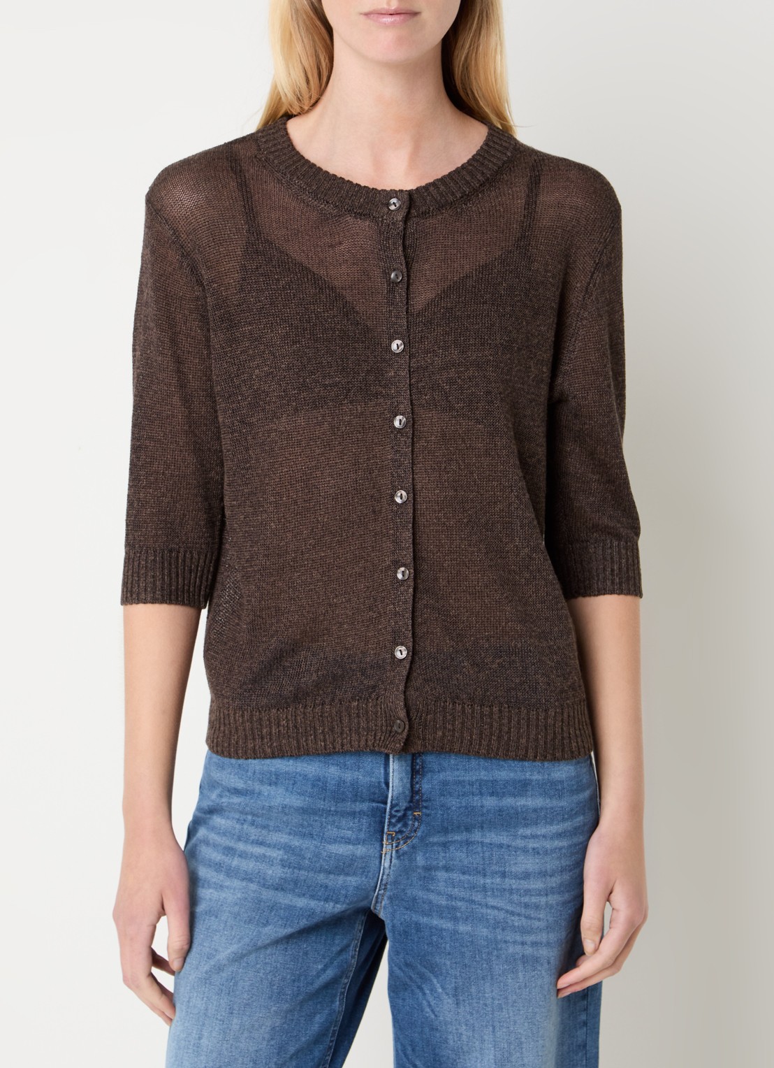 OPUS Datina grofgebreid vest in linnenblend - detail 3 donkerbruin