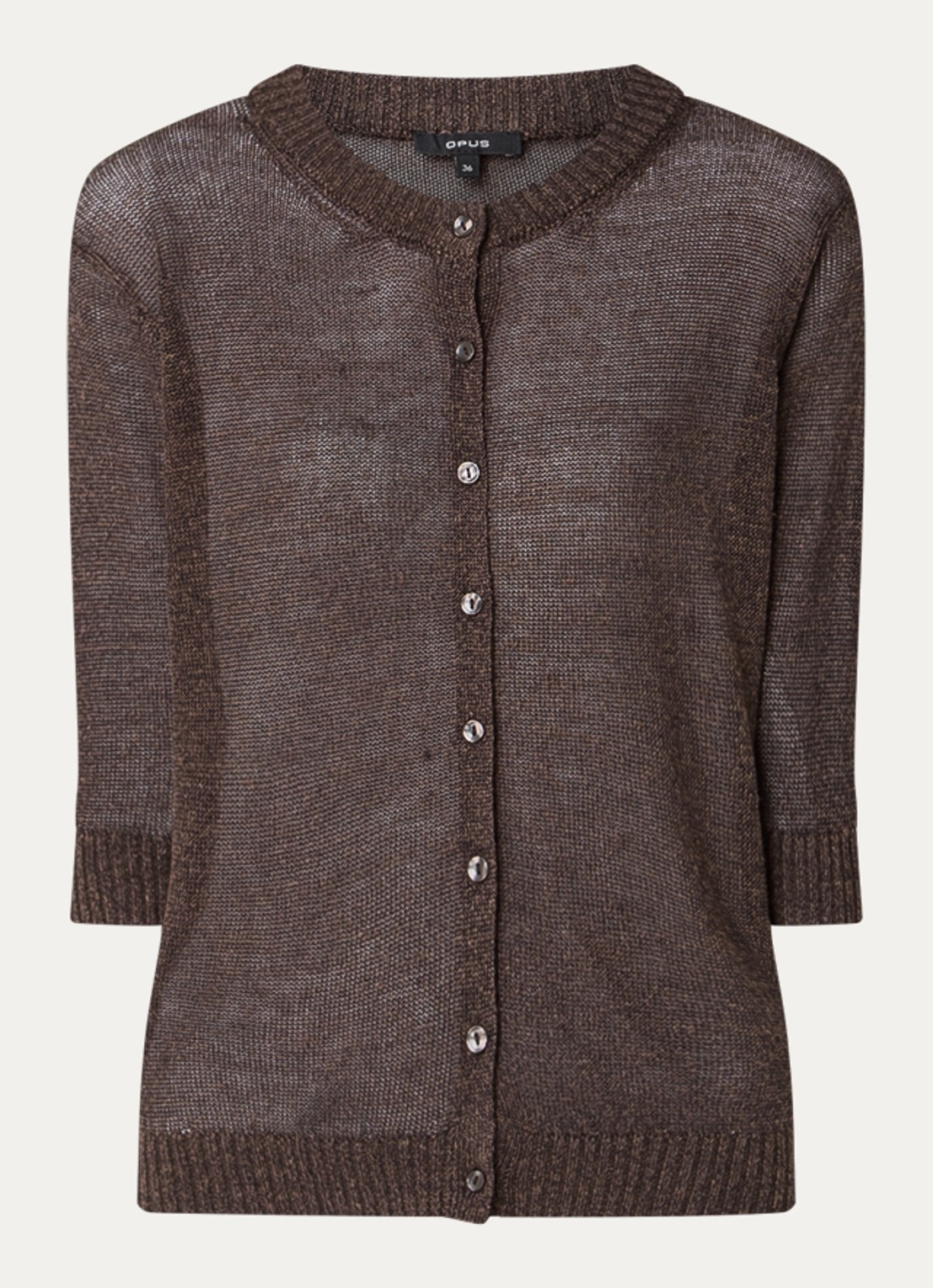 OPUS Datina grofgebreid vest in linnenblend - voorkant donkerbruin