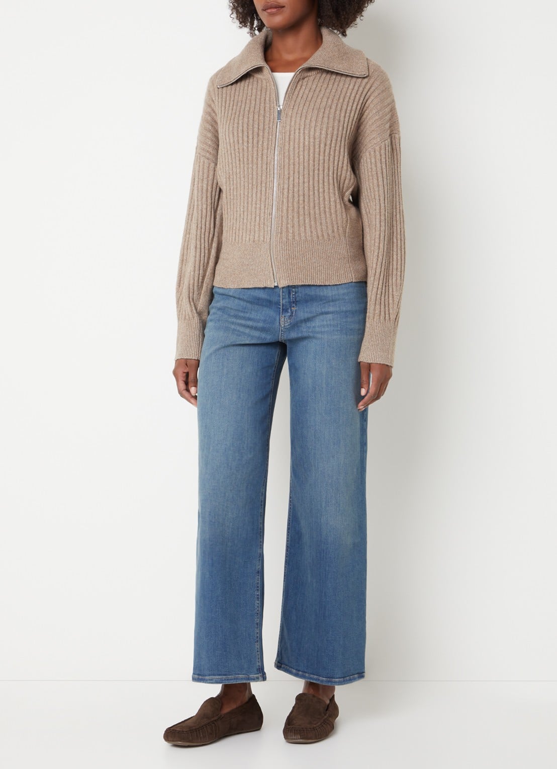 OPUS Dodesa ribgebreid vest in wolblend - voorkant 4 donkerbeige