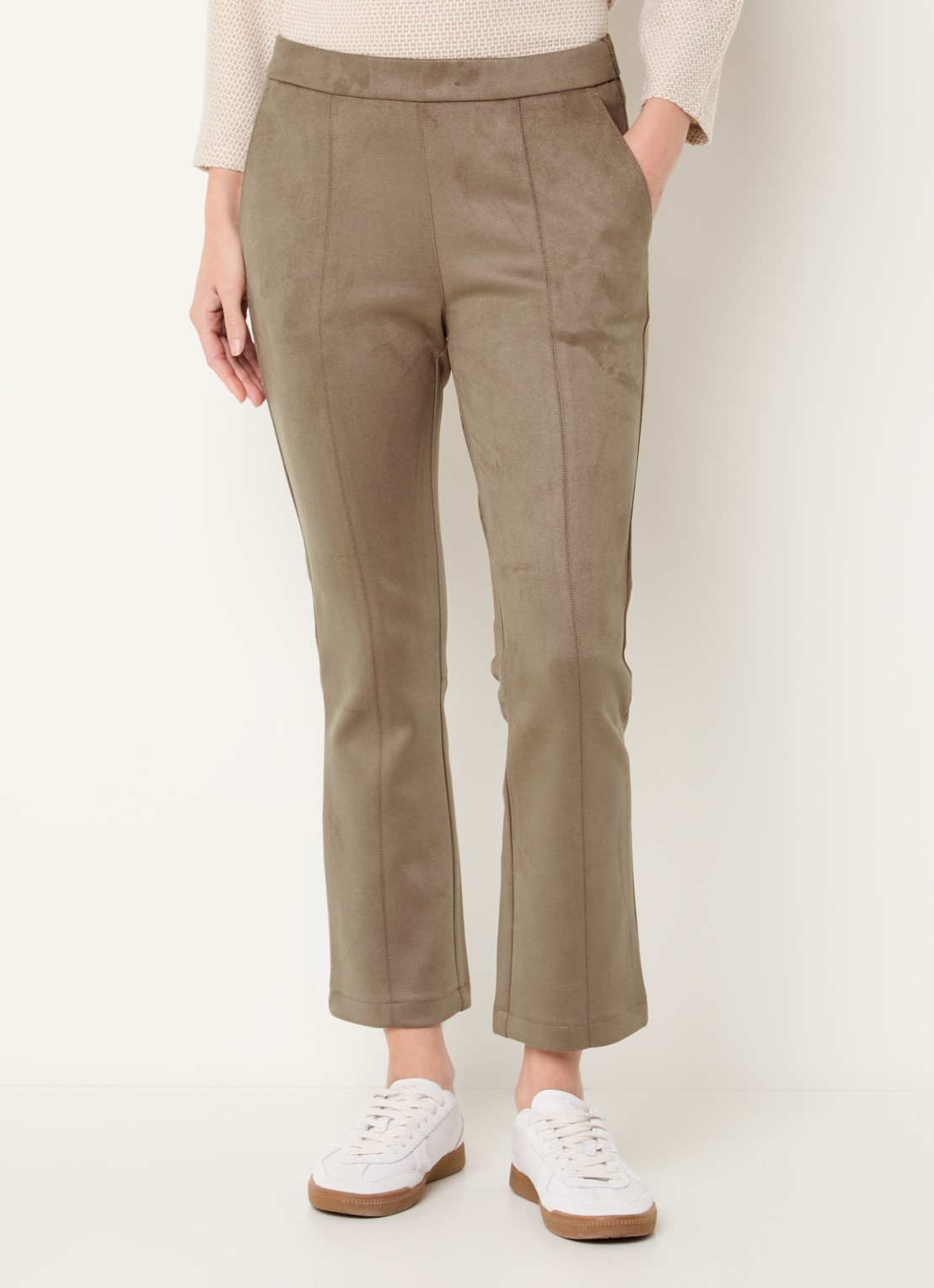 OPUS Elvina high waist slim fit van suèdine - detail lichtbruin