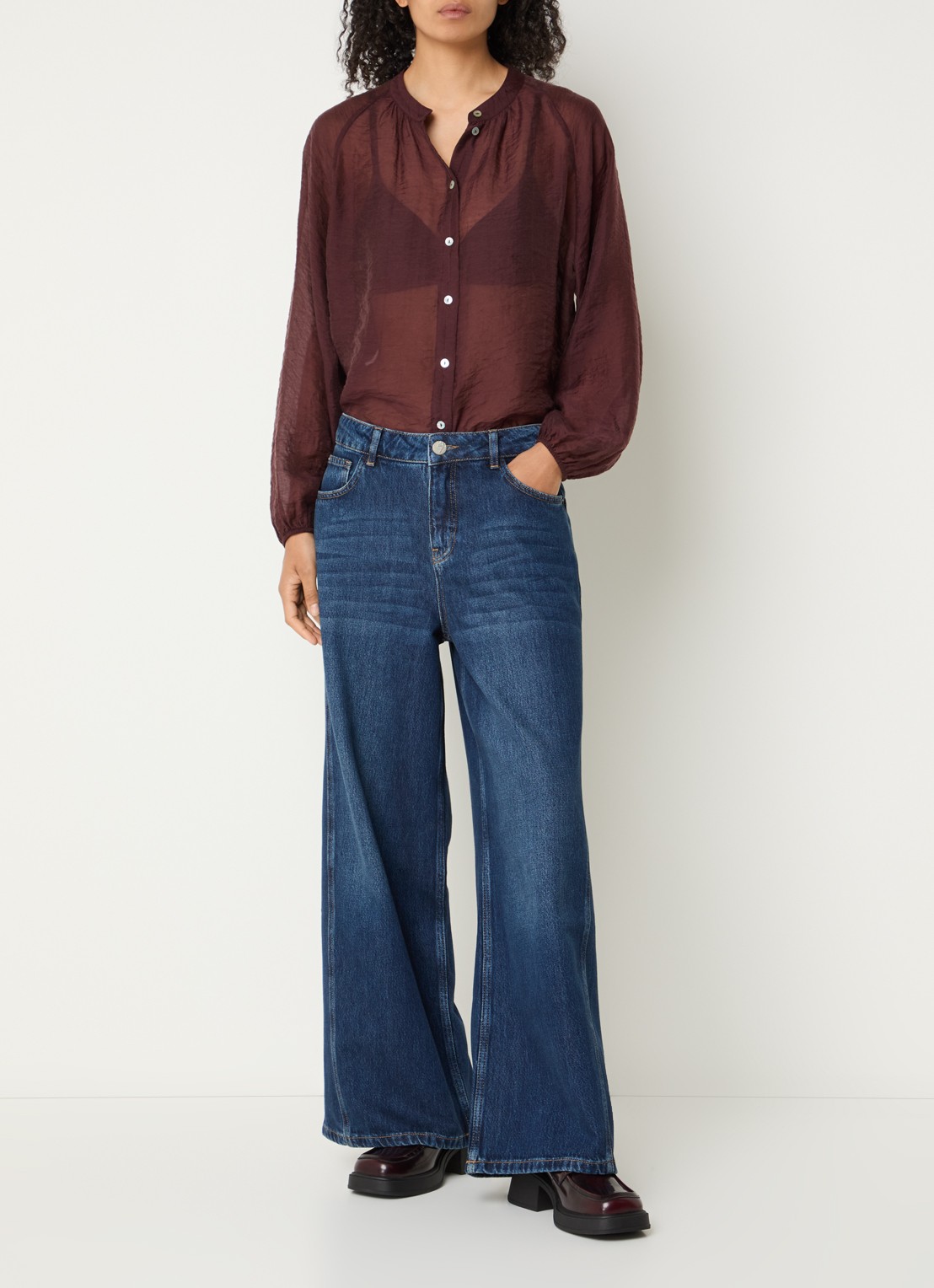 OPUS Fabrielle semi-transparante blouse met ballonmouw - voorkant 2 kersenrood