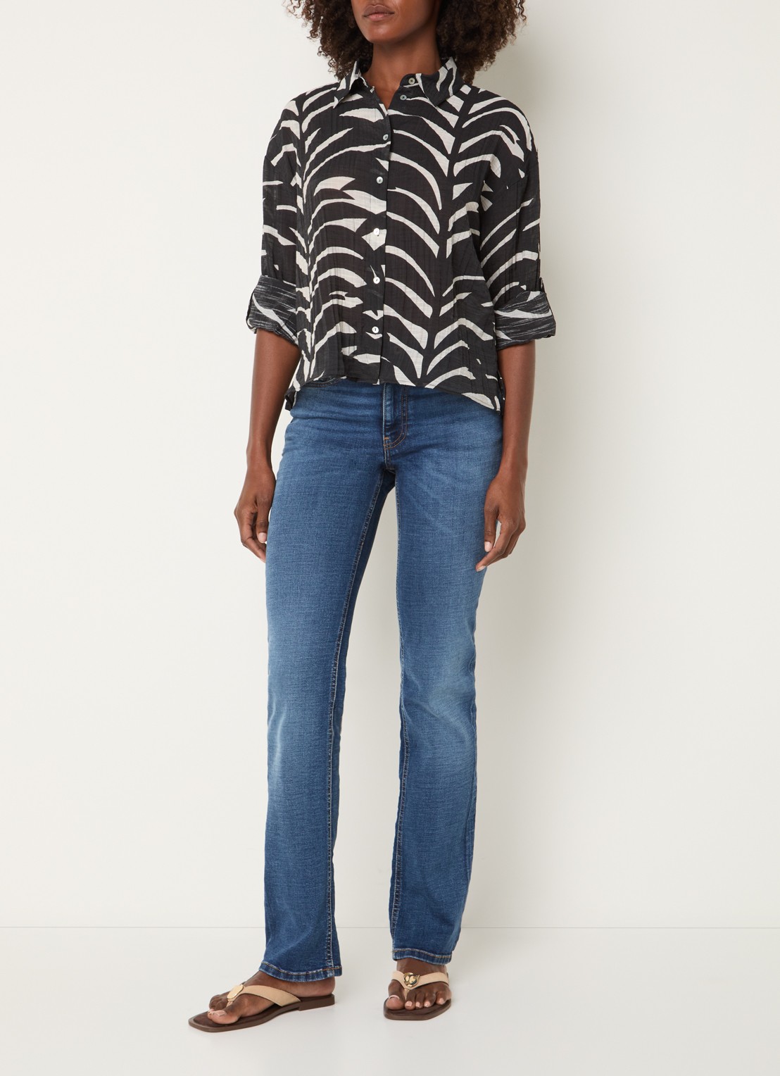 OPUS Fadena Leaves semi-transparante blouse met bladprint - voorkant 2 zwart