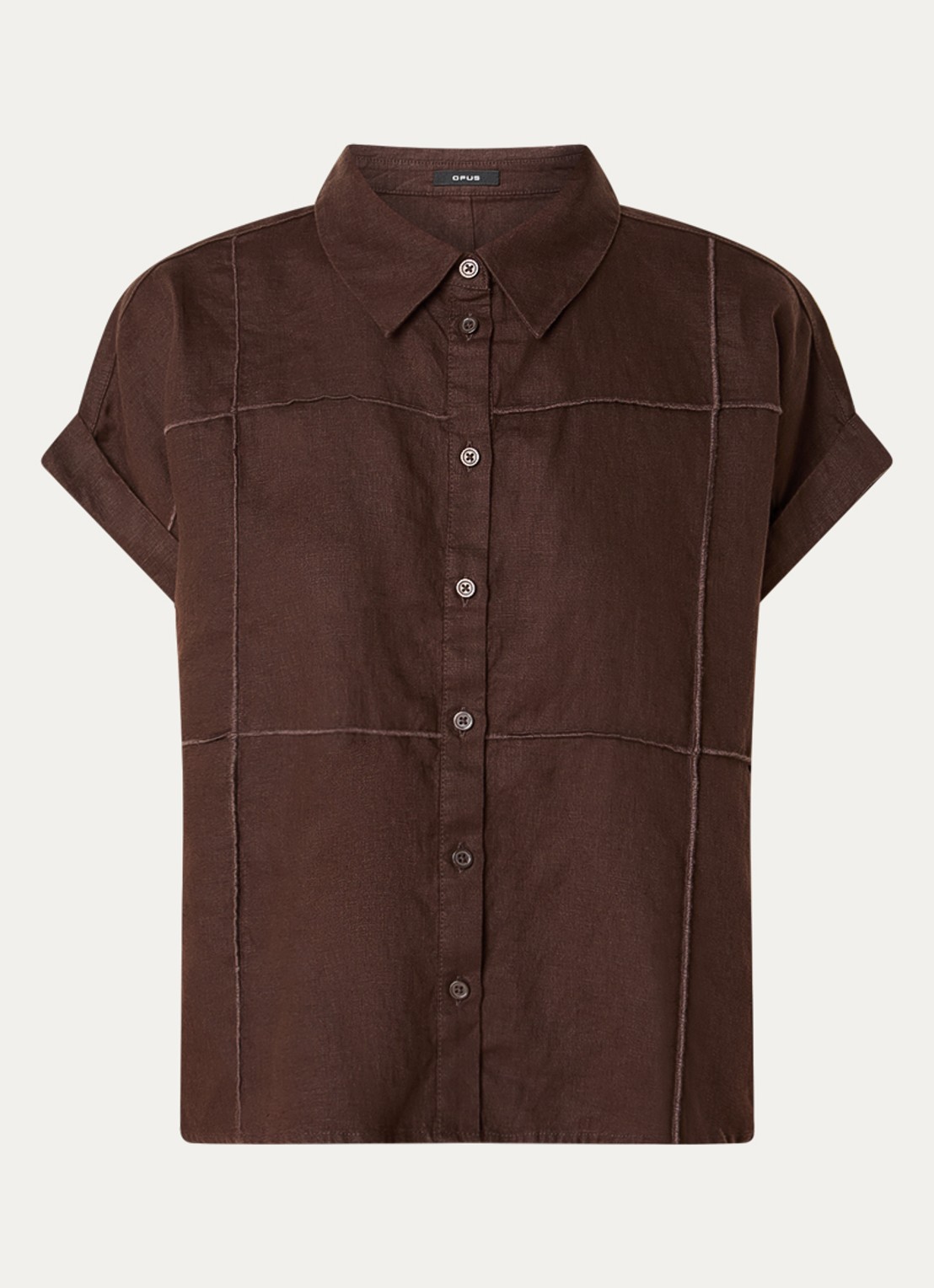 OPUS Felila blouse van linnen met siernaad - voorkant donkerbruin