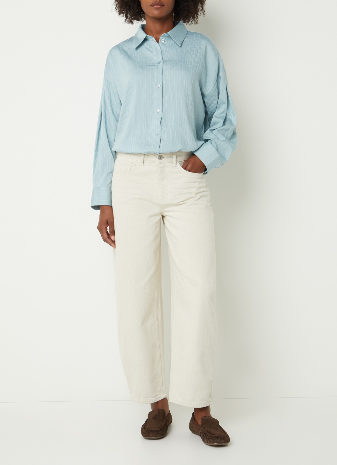 OPUS Flui blouse met streepprint - voorkant 2 turquoise