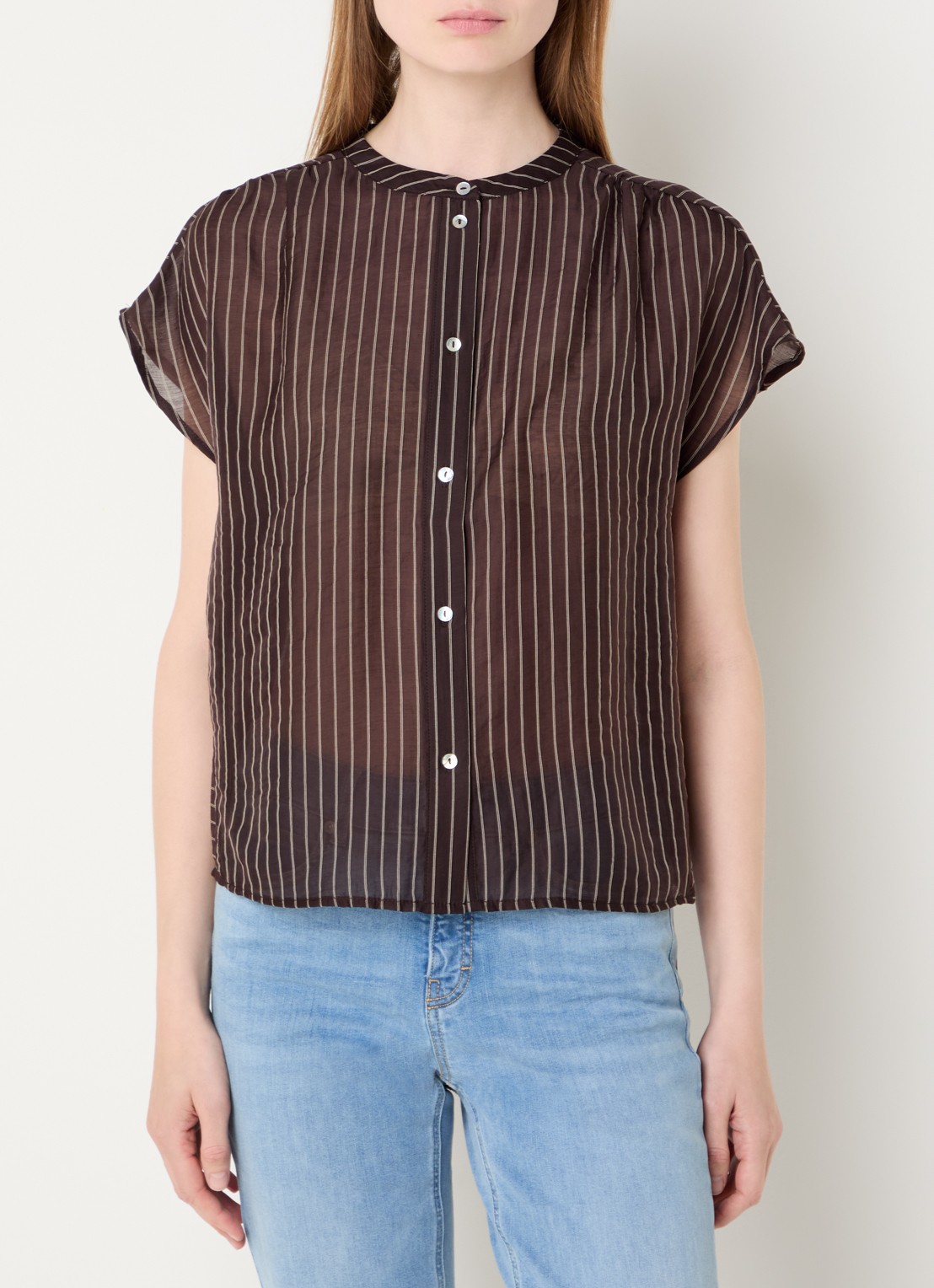 OPUS Friepe blouse met streepprint - detail 2 donkerbruin
