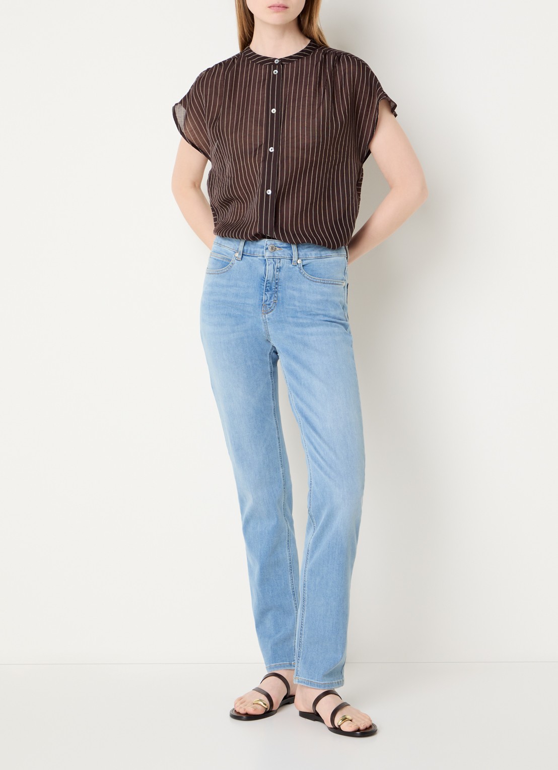 OPUS Friepe blouse met streepprint - voorkant 4 donkerbruin