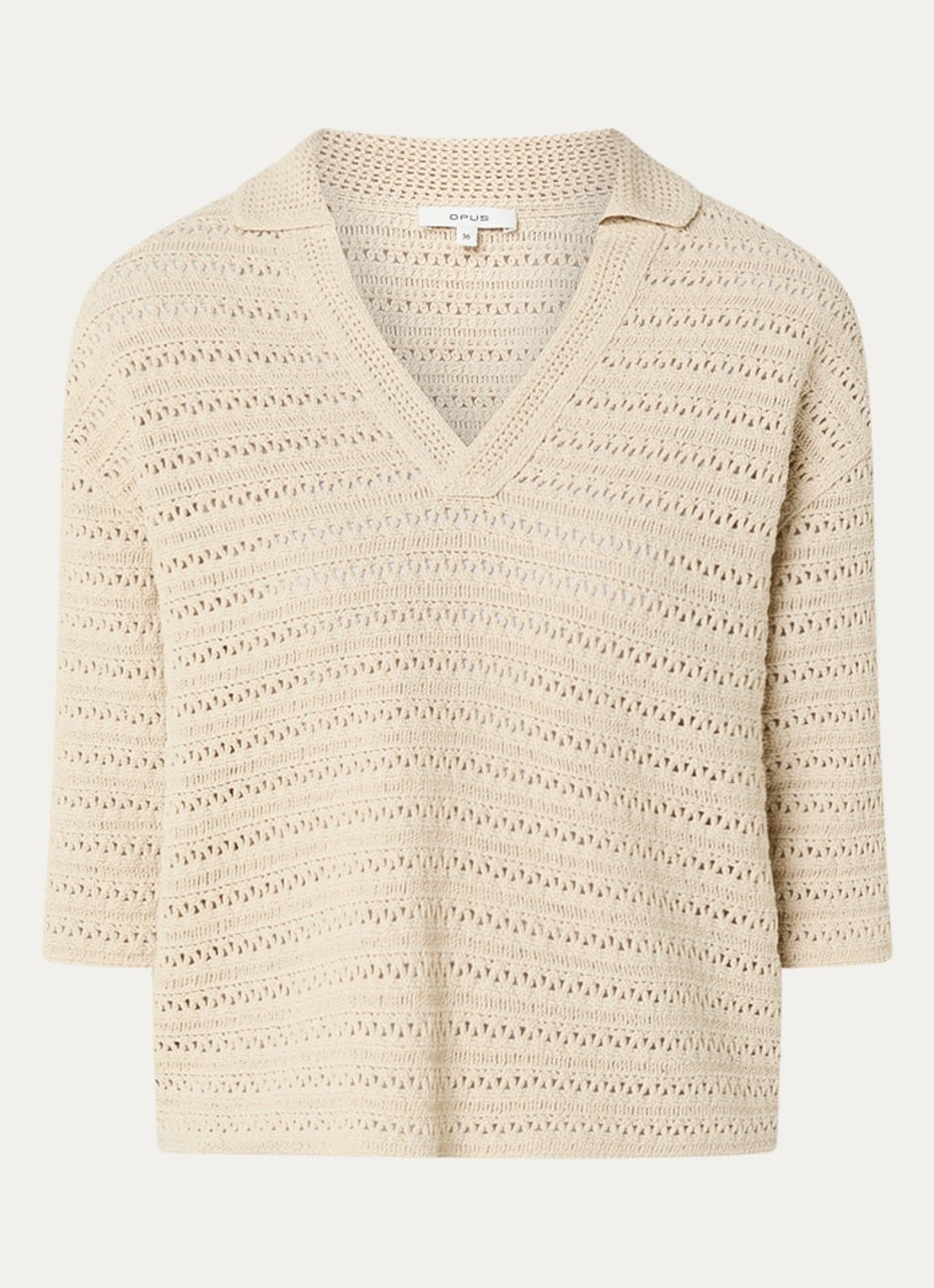OPUS Garakino polo van crochet met v-hals - voorkant donkerbeige
