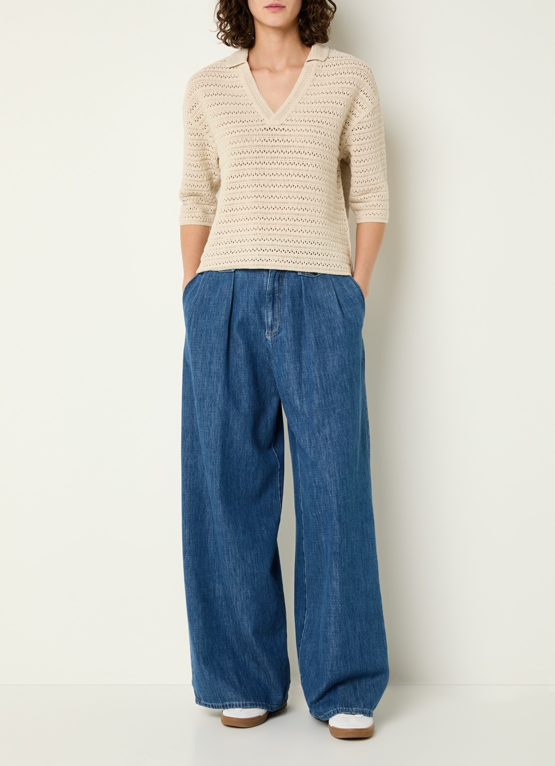 OPUS Garakino polo van crochet met v-hals - voorkant 2 donkerbeige