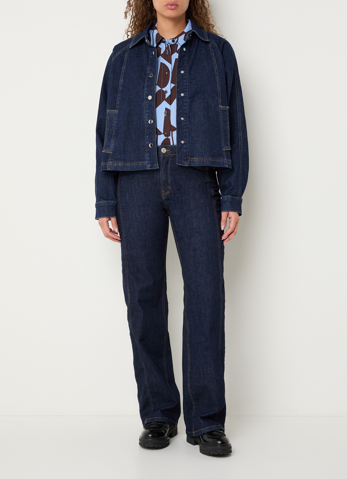 OPUS Jovena cropped blouse van denim  - voorkant 3 donkerblauw