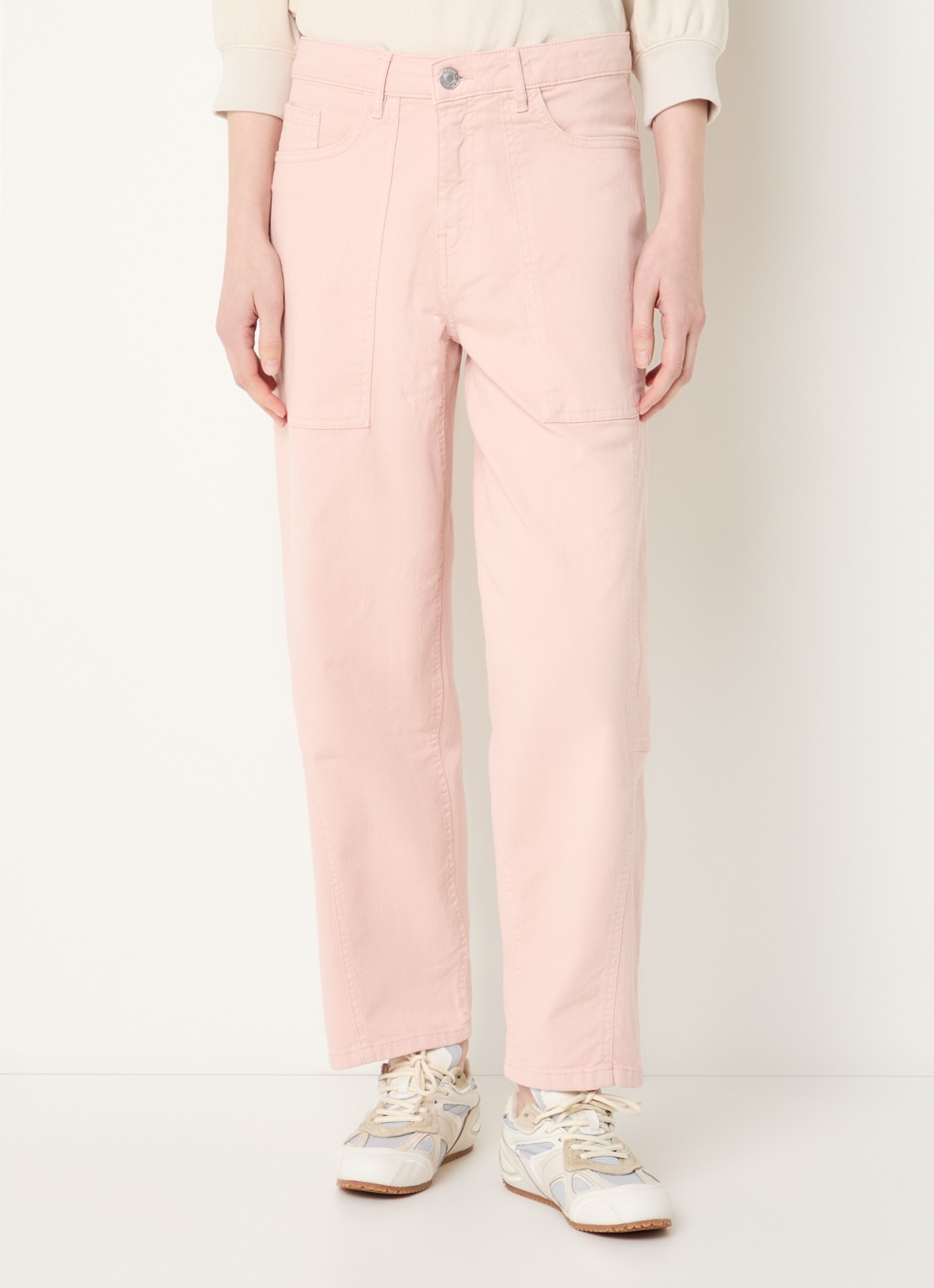 OPUS Lolah mid waist straight fit jeans met gekleurde wassing - detail 3 zalmroze