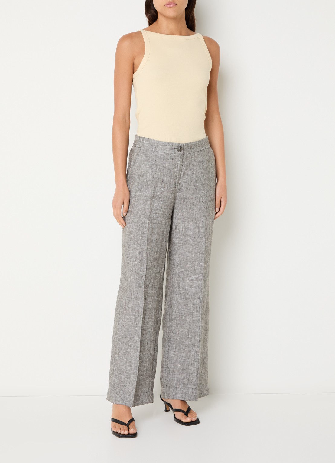 OPUS Maikito high waist flared fit pantalon van linnen - voorkant 3 grijsmele
