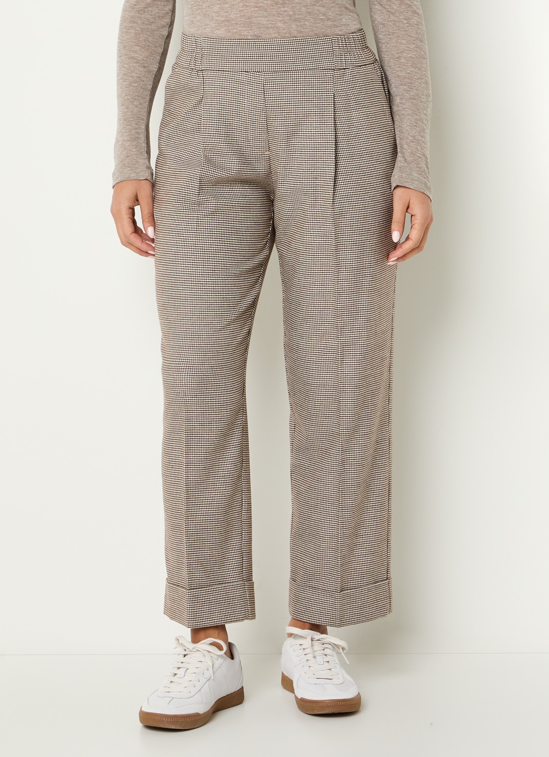 OPUS Maikito Pepita mid waist cropped straight leg broek met pied-de-poule dessin - detail 2 zand