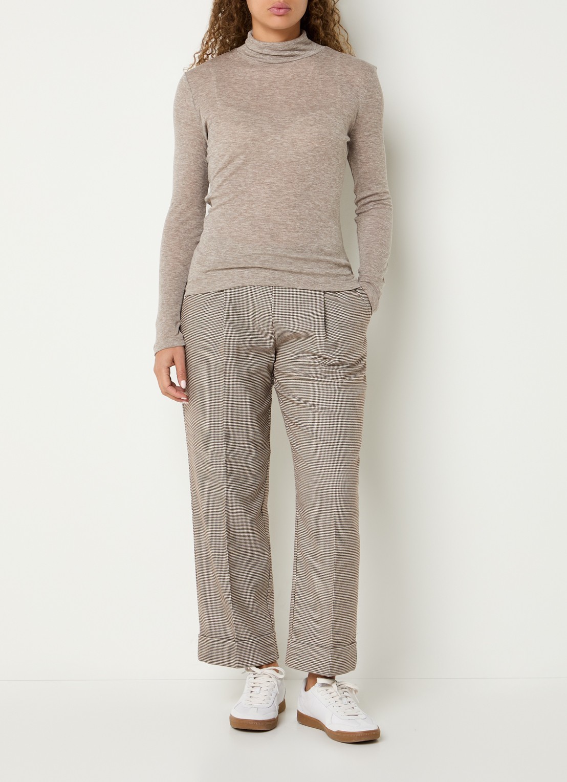 OPUS Maikito Pepita mid waist cropped straight leg broek met pied-de-poule dessin - voorkant 4 zand