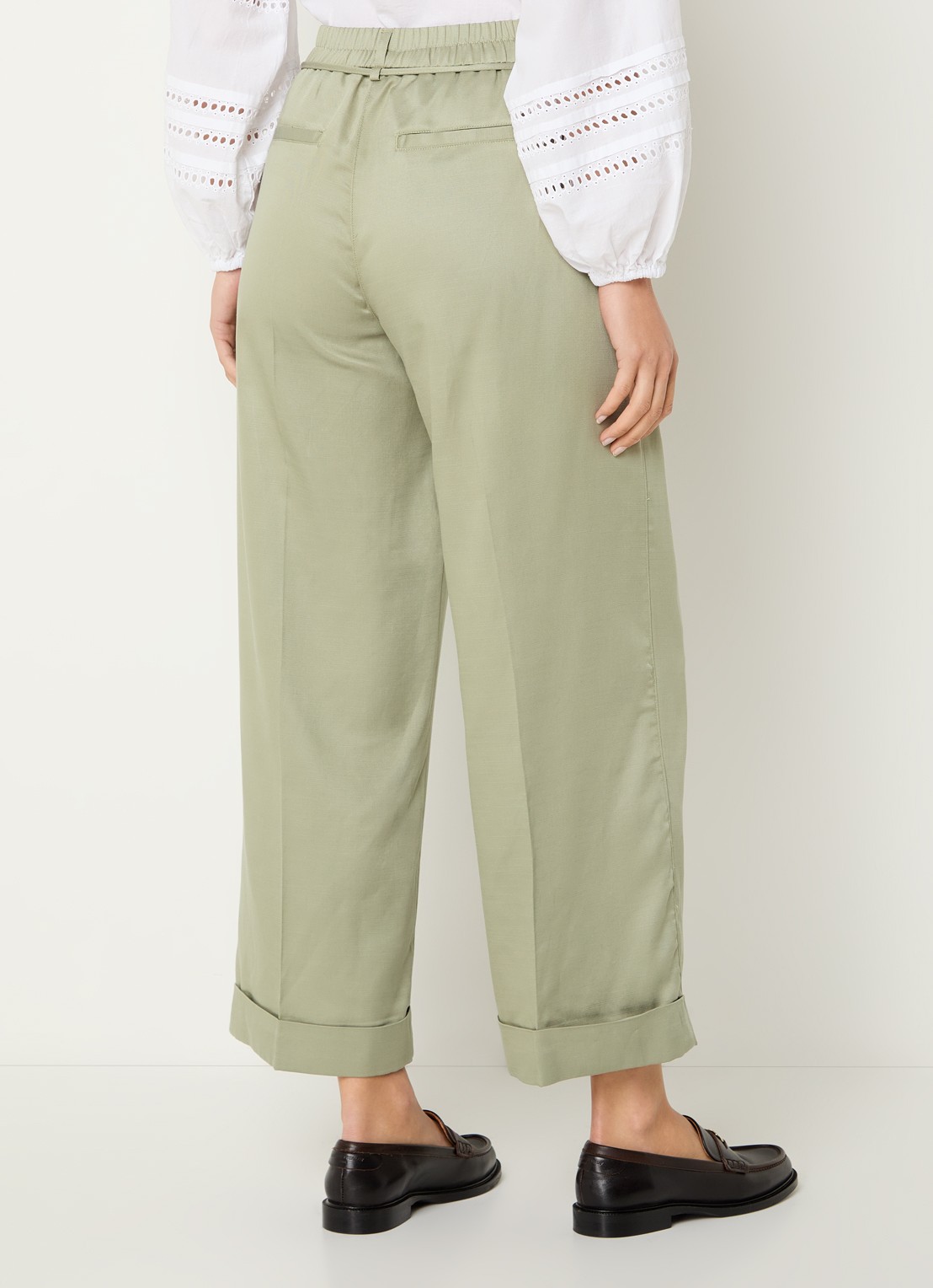 OPUS Meeri high waist wide fit cropped pantalon met strikceintuur - achterkant 3 olijfgroen
