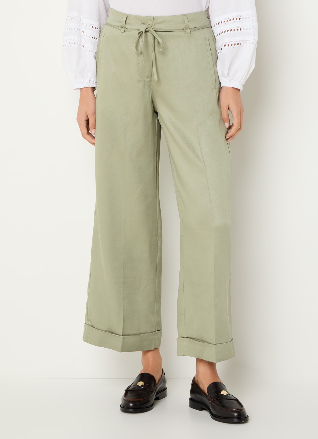 OPUS Meeri high waist wide fit cropped pantalon met strikceintuur - detail 4 olijfgroen
