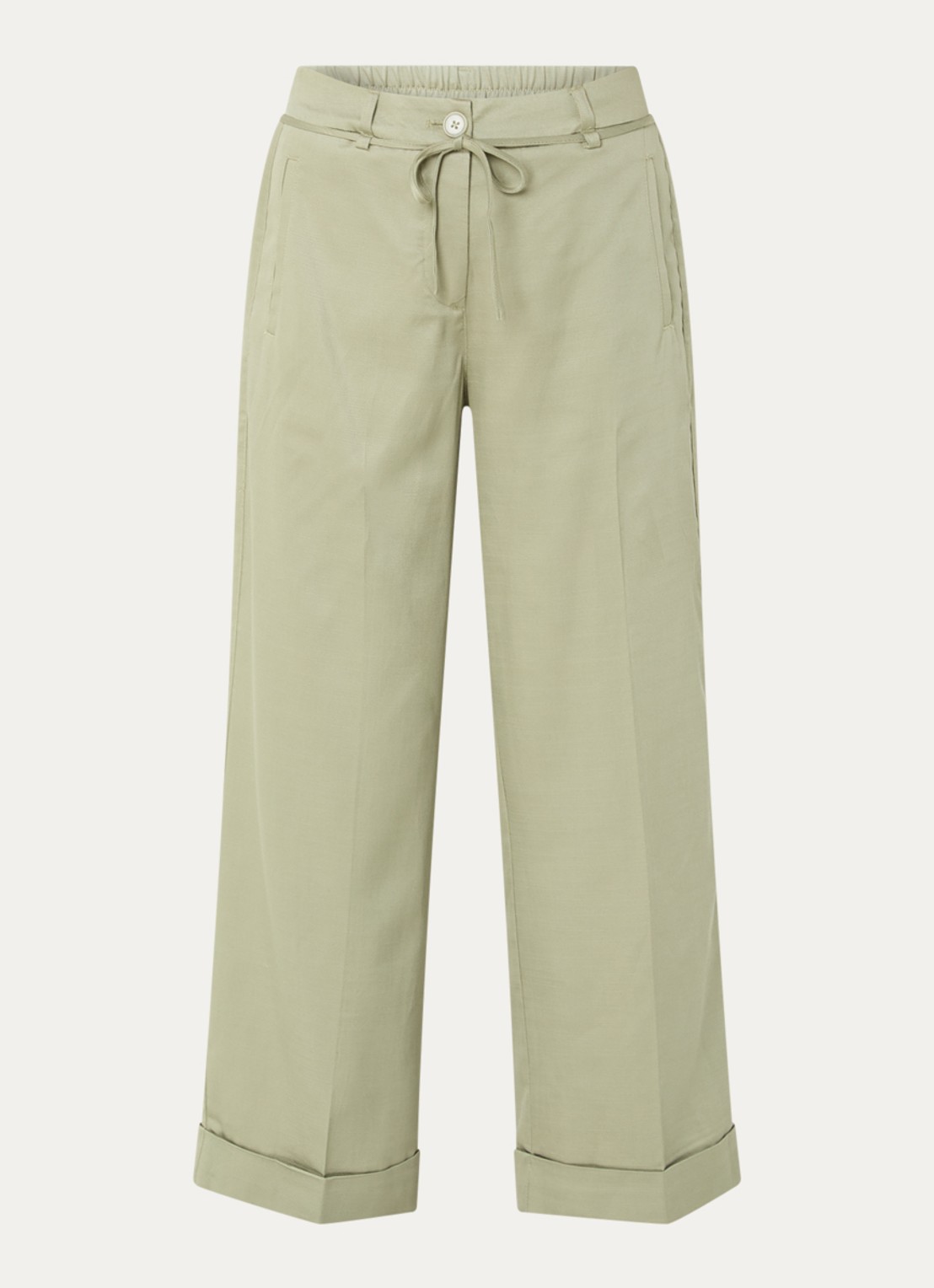 OPUS Meeri high waist wide fit cropped pantalon met strikceintuur - voorkant olijfgroen
