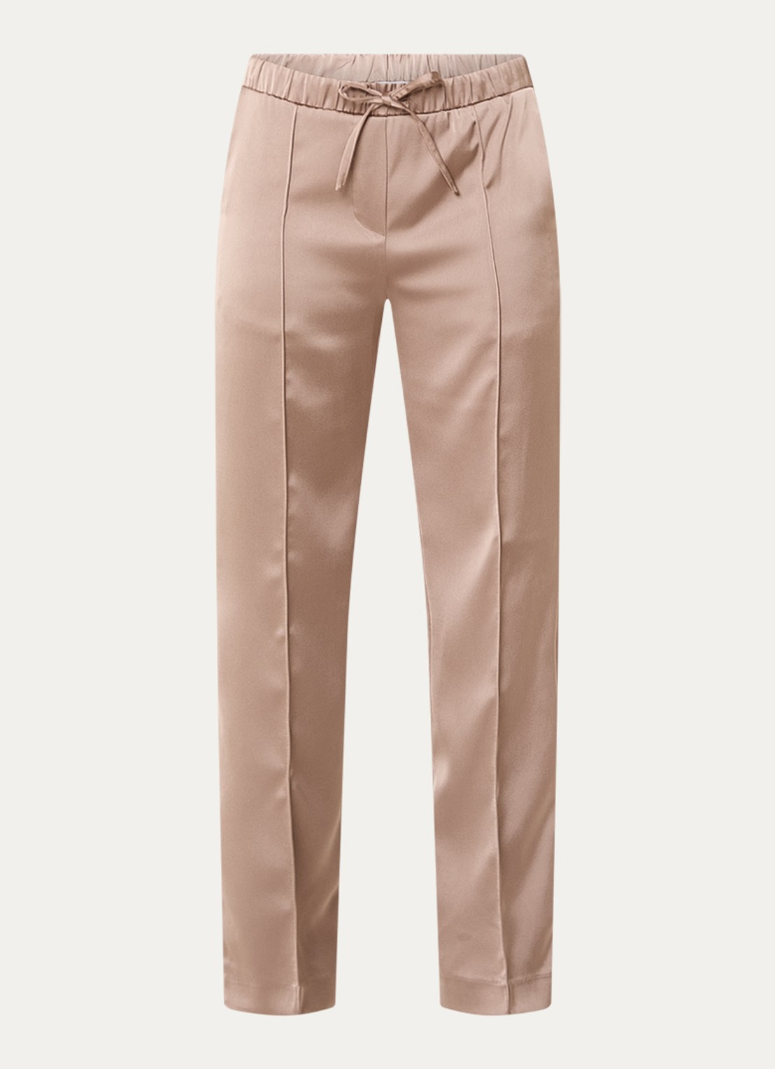 OPUS Melane Cosmic mid waist straight fit pantalon van satijn - voorkant 2 donkerbeige