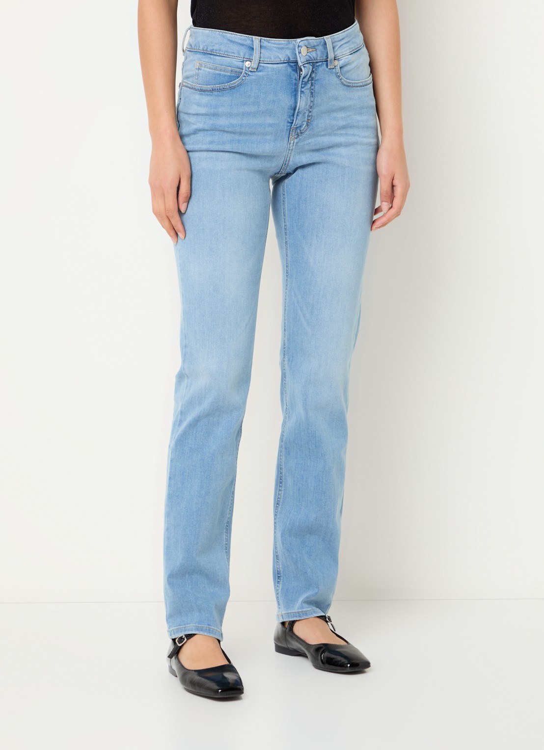OPUS Melly high waist slim fit jeans met lichte wassing en steekzakken - detail indigo
