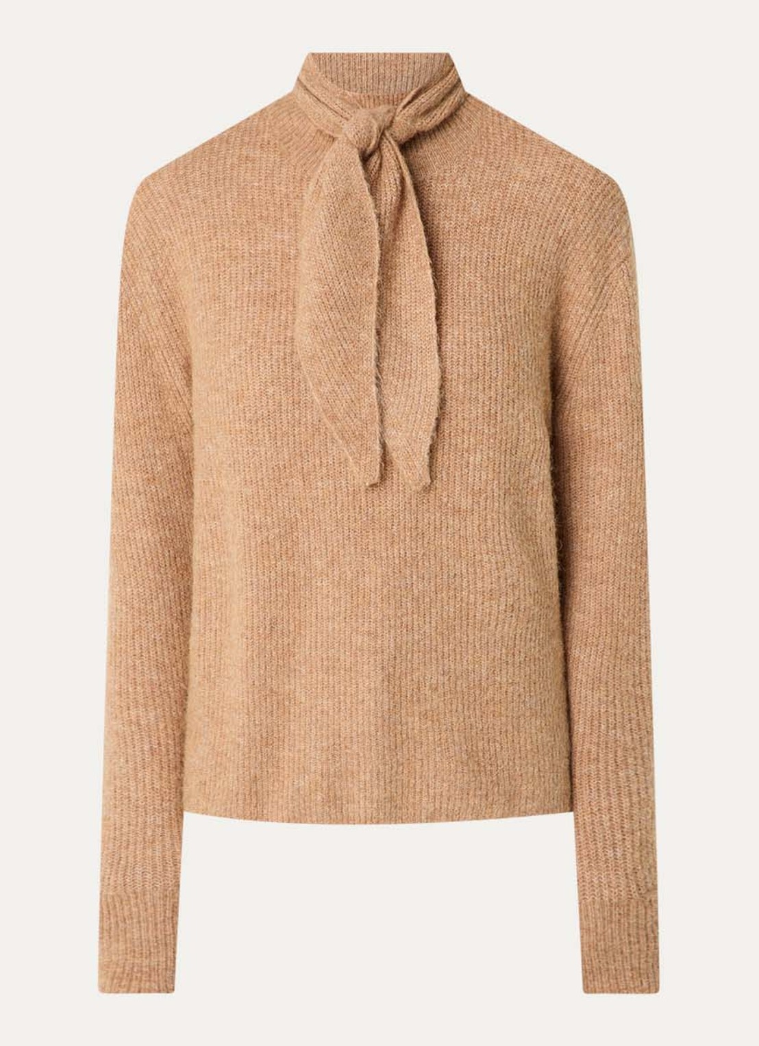 OPUS Parf fijngebreide trui in alpaca wolblend met sjaalkraag - voorkant 3 camel