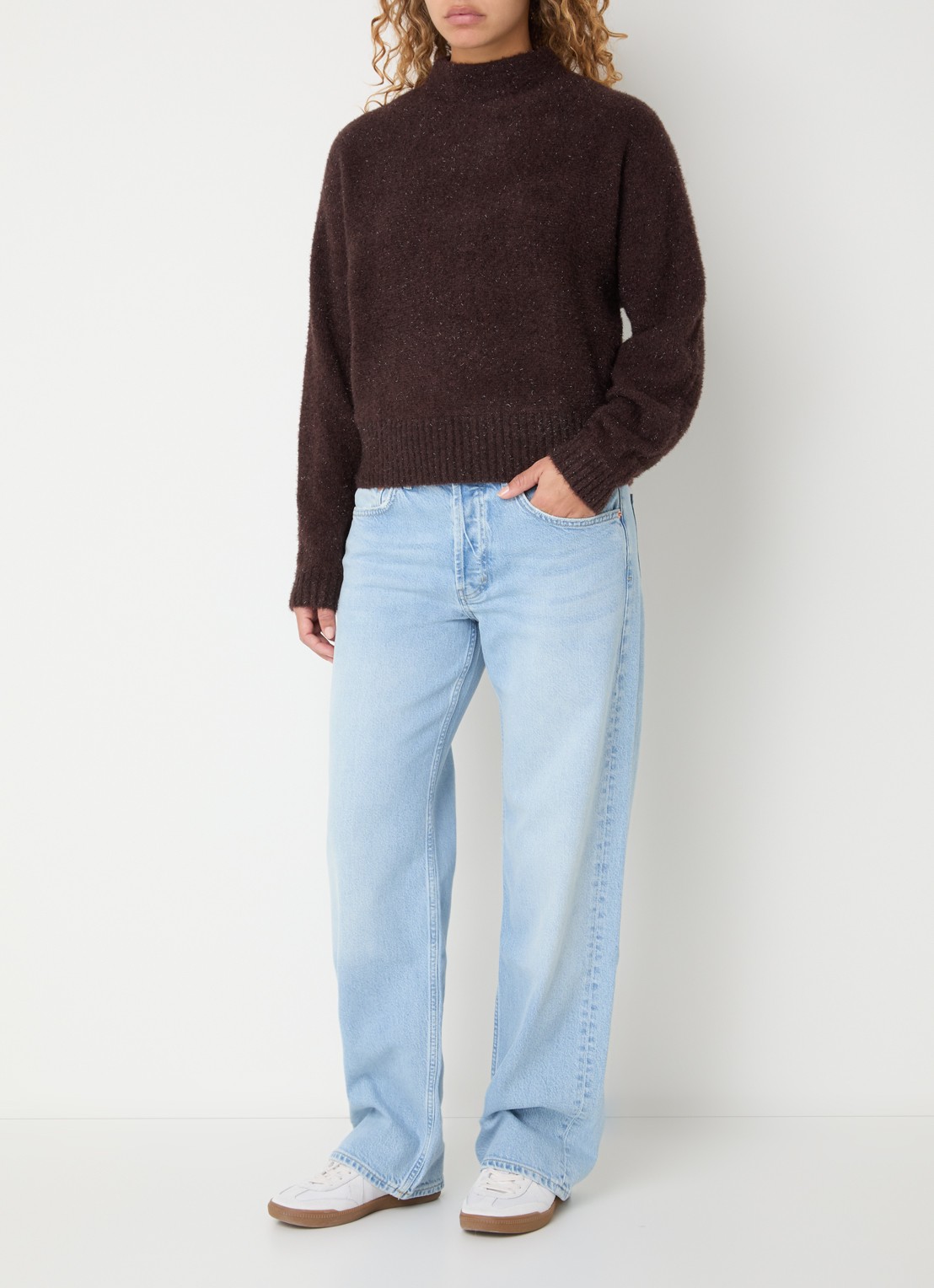 OPUS Posmic fijngebreide trui met lurex - voorkant 2 donkerbruin