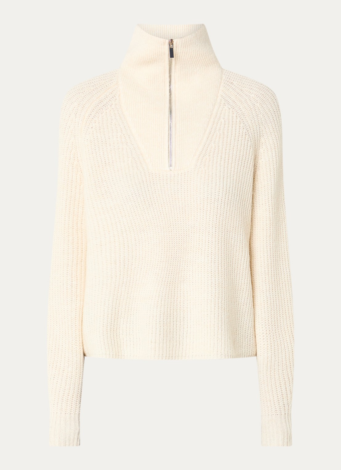 OPUS Poy grofgebreide trui in alpaca wolblend met halve rits - voorkant 2 gebroken wit