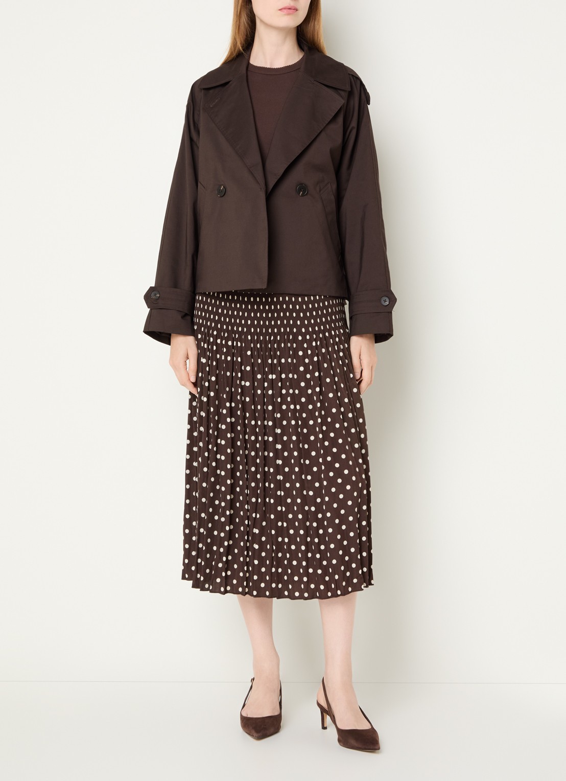 OPUS Ribane midi rok met stippenprint - voorkant 3 donkerbruin