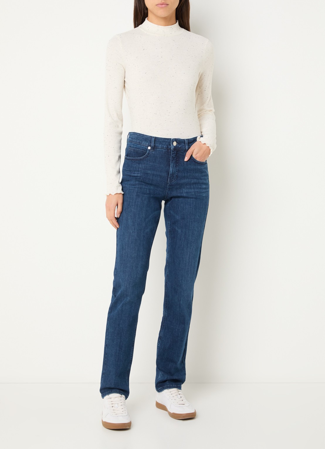 OPUS Suhanna longsleeve met stippenprint en gemêleerd dessin - voorkant 2 gebroken wit