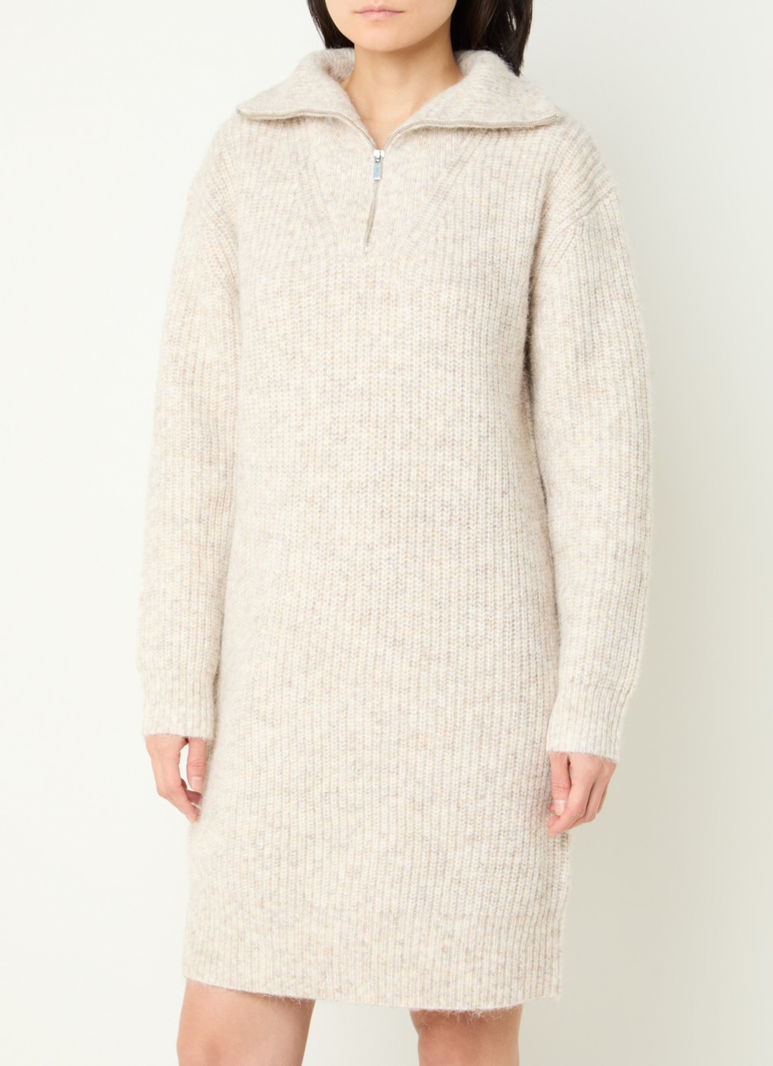 OPUS Wonelli grofgebreide mini trui-jurk in wolblend met halve rits - detail creme
