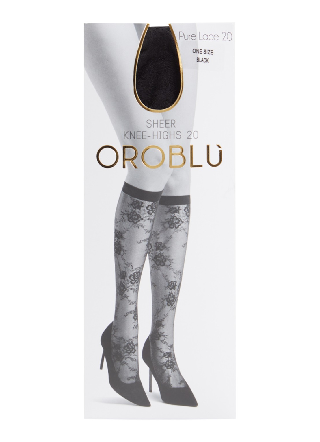 Oroblu Pure Lace kniekousen van kant in 20 denier - voorkant zwart