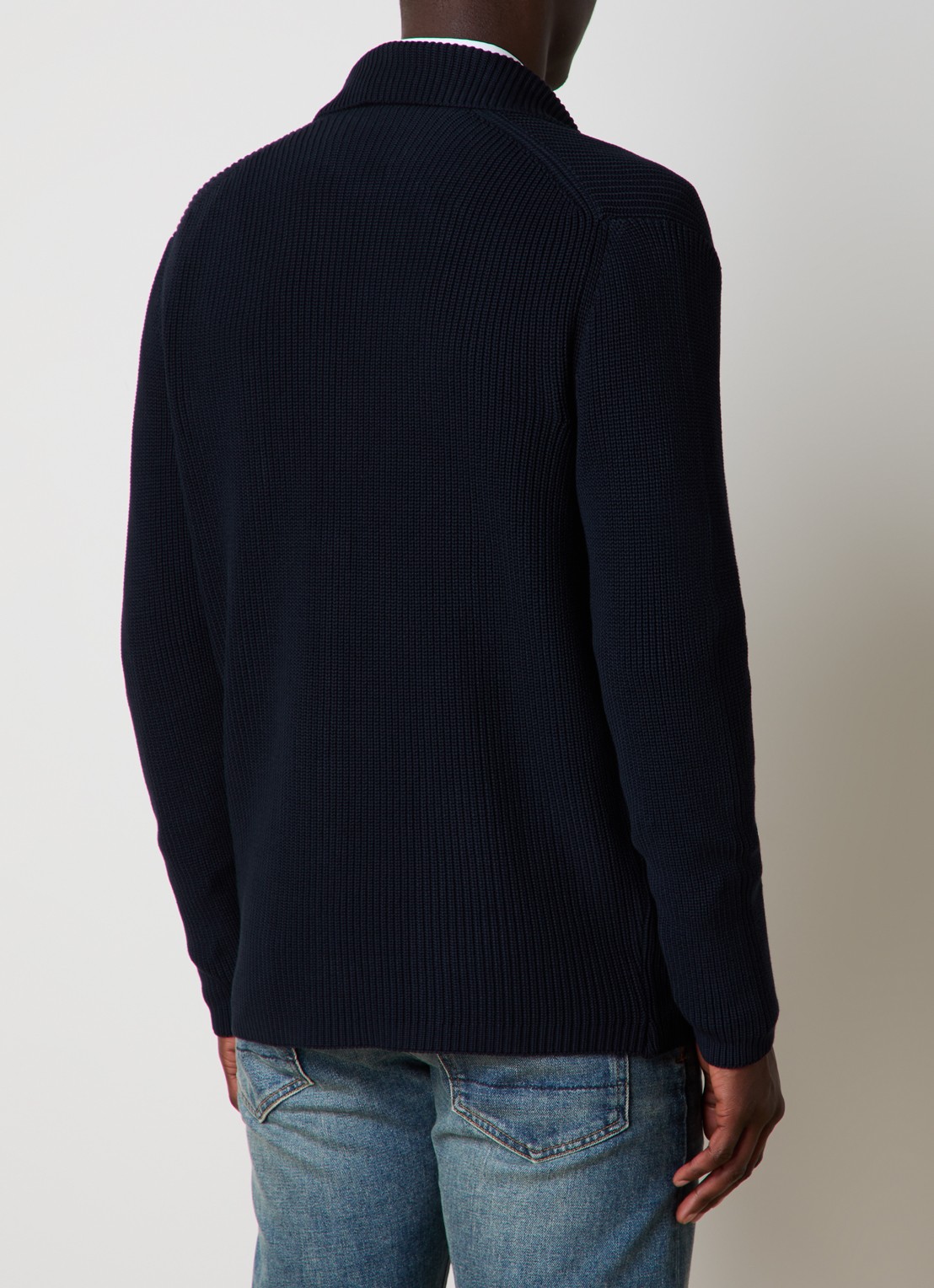 Oscar Jacobson Camron ribgebreid vest met V-hals - achterkant donkerblauw