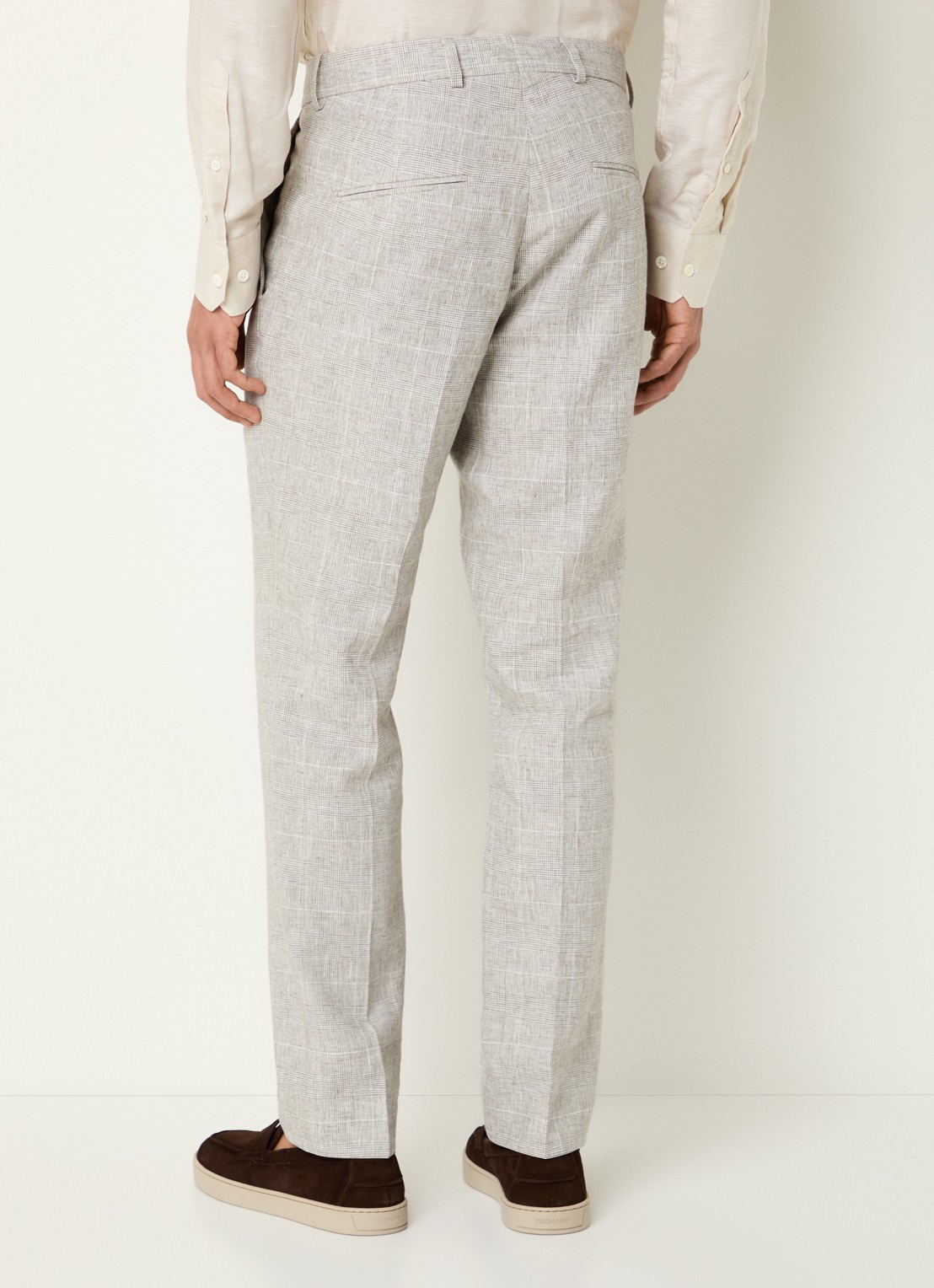 Oscar Jacobson Dandy pantalon in linnenblend met ruitdessin - achterkant lichtgrijs