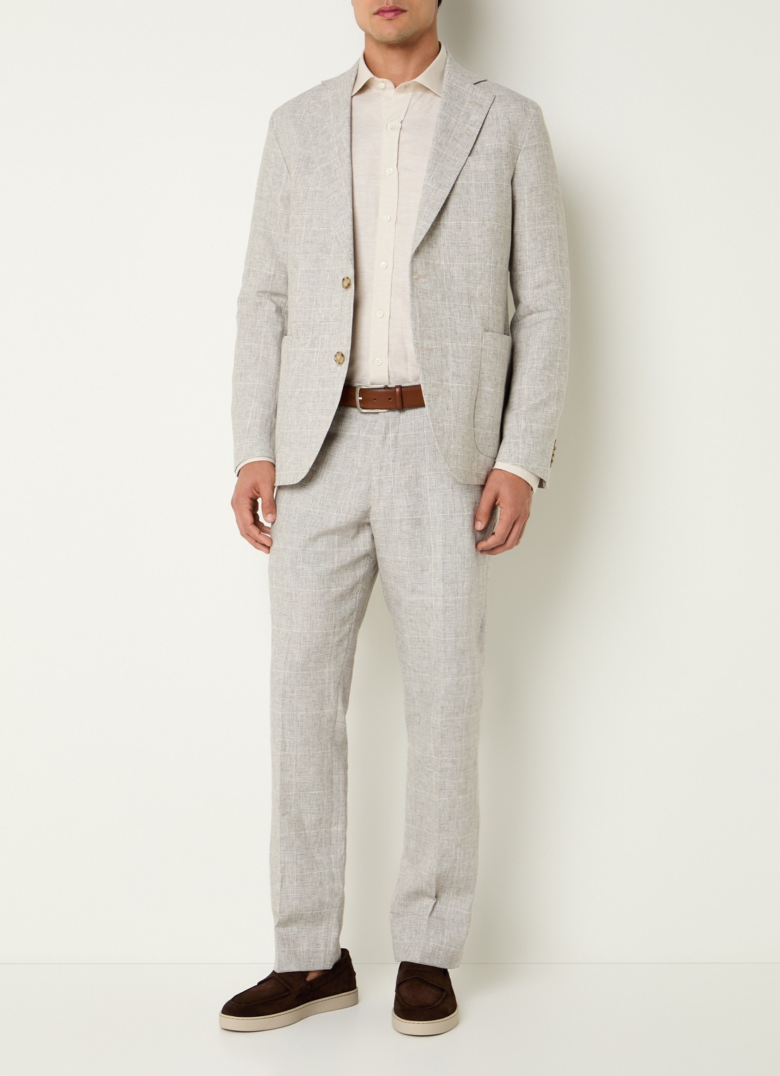 Oscar Jacobson Dandy pantalon in linnenblend met ruitdessin - voorkant 3 lichtgrijs