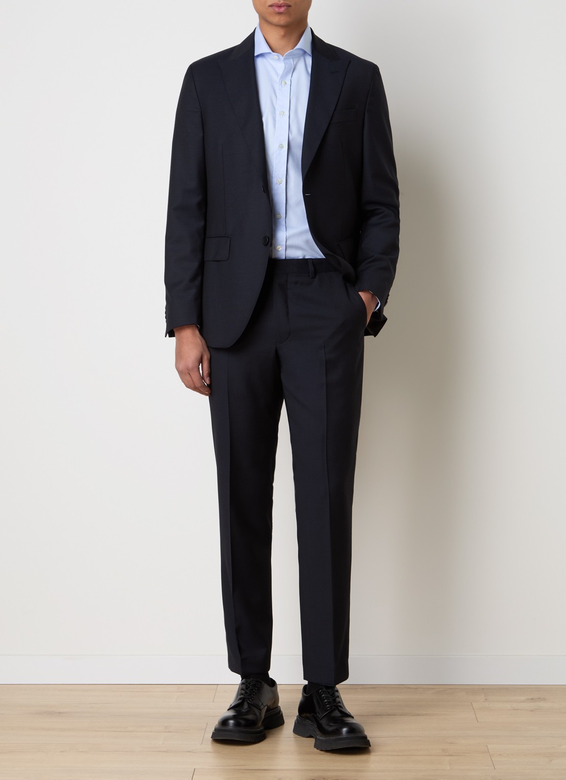 Oscar Jacobson Dandy slim fit pantalon van wol met steekzakken - voorkant 3 donkerblauw