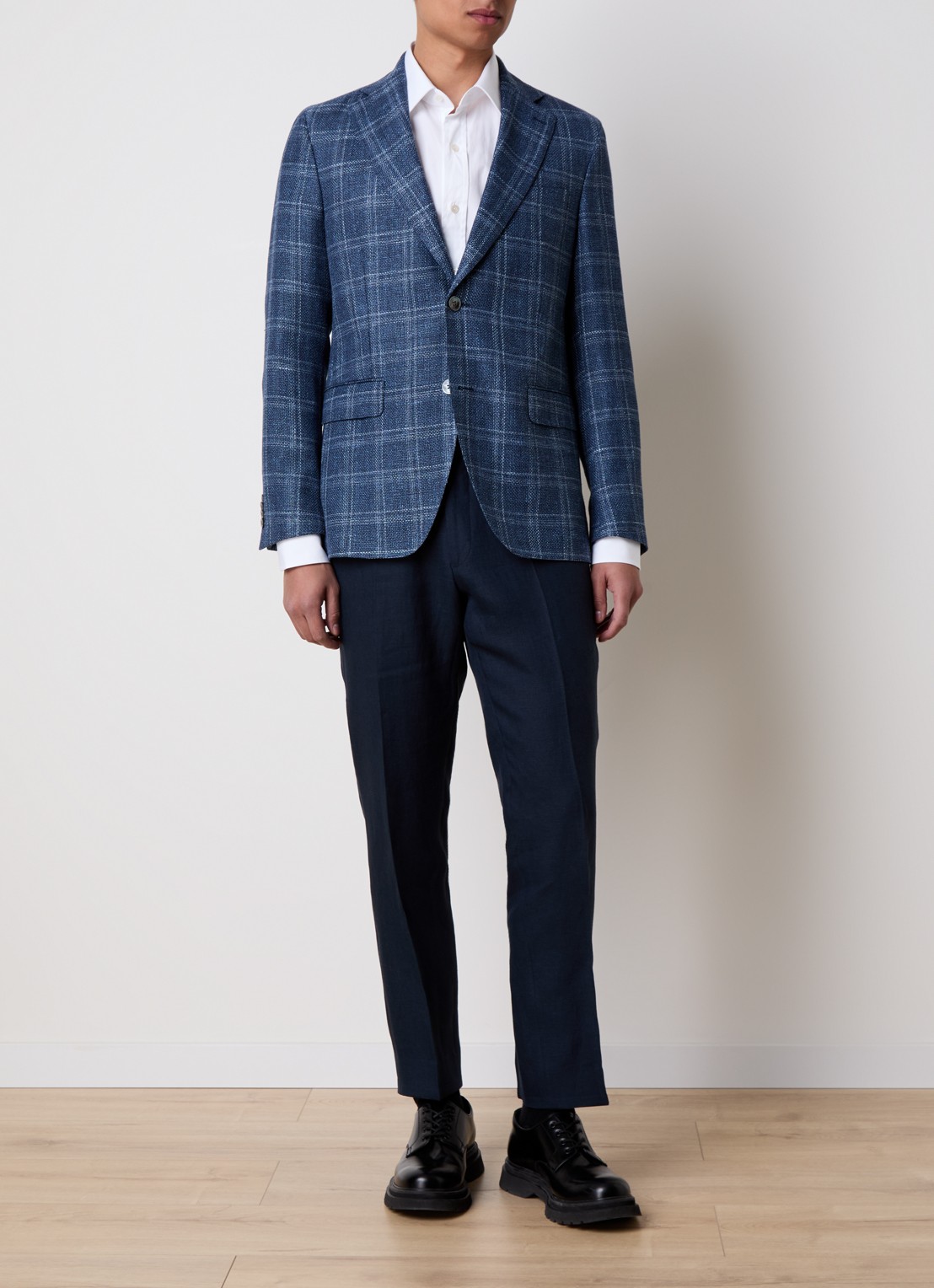 Oscar Jacobson Dandy straight fit pantalon van linnen - voorkant 6 donkerblauw
