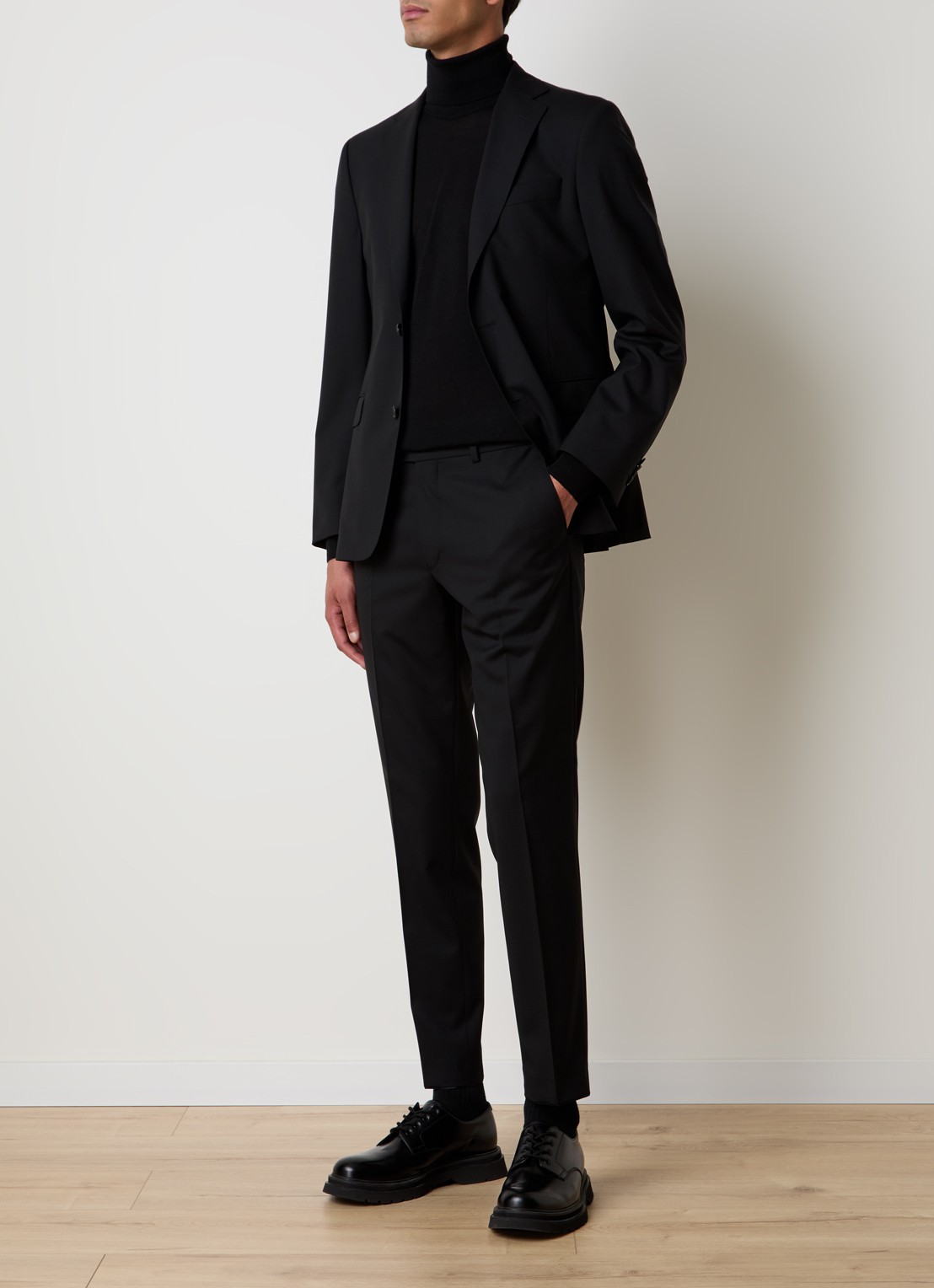 Oscar Jacobson Denz slim fit pantalon van wol met steekzakken - voorkant 3 zwart