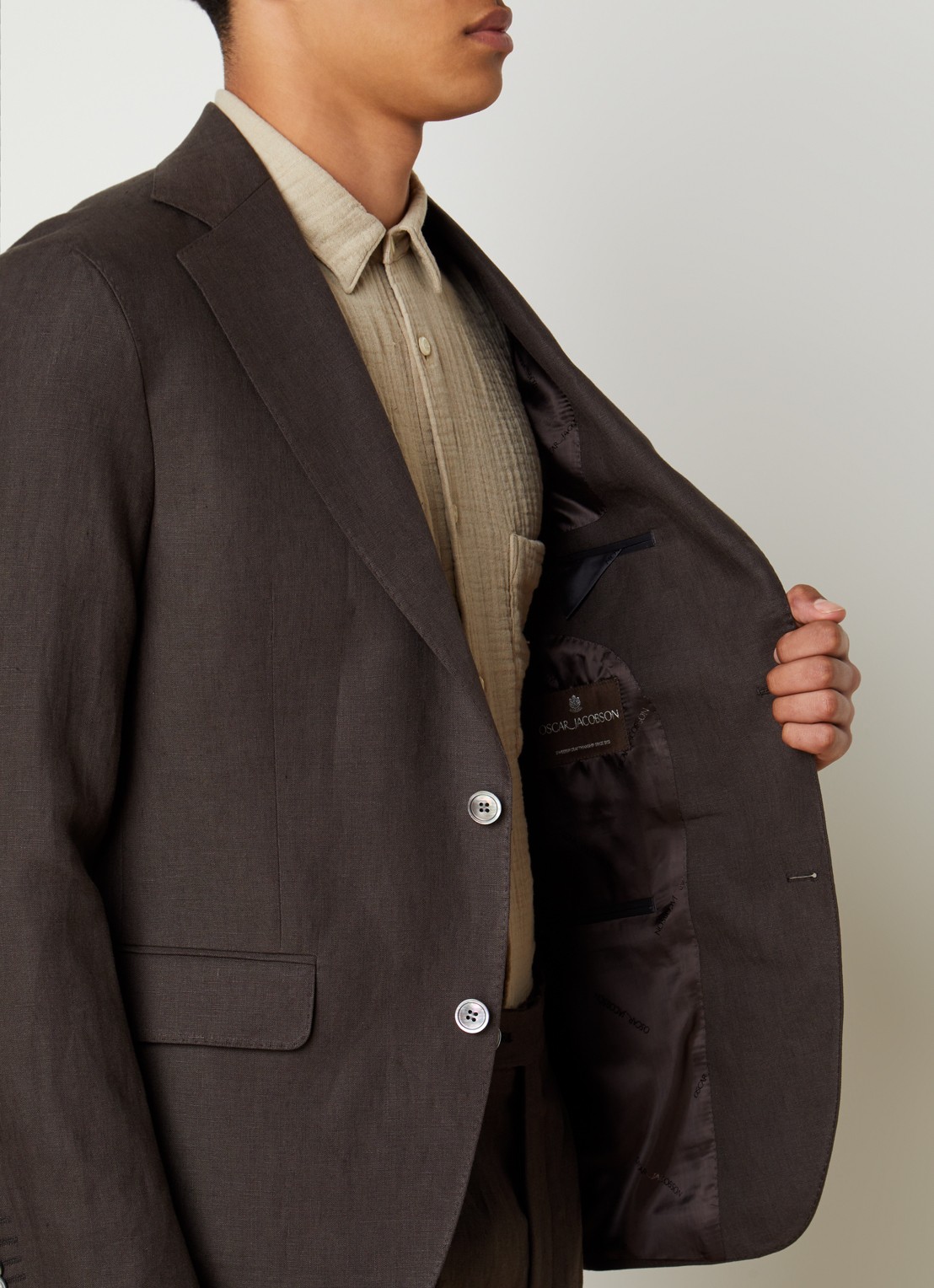 Oscar Jacobson Fogerty regular fit colbert met microdessin  - detail 2 donkerbruin